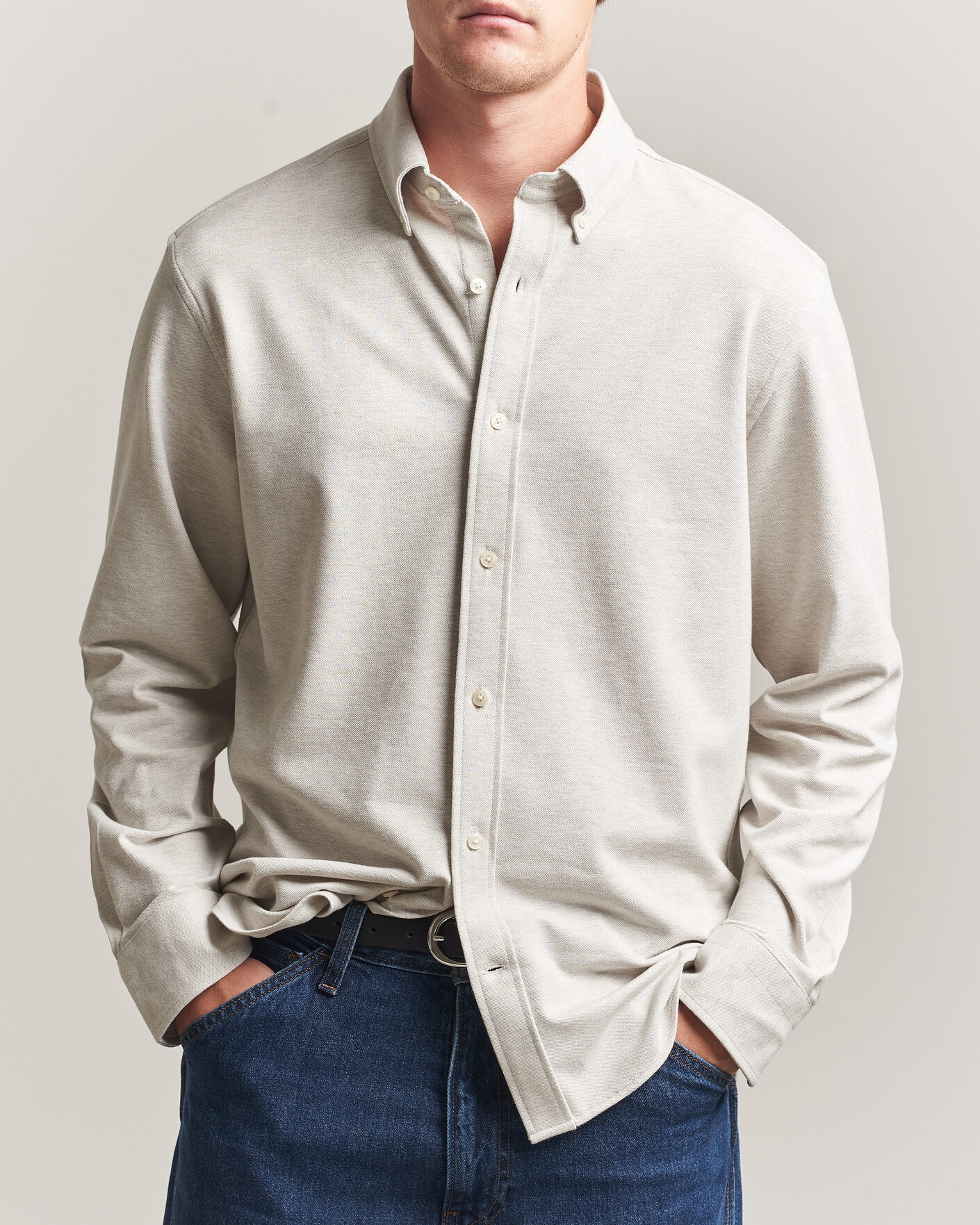 Herre | Skjorter | Gant | Regular Fit Jersey Pique Shirt Light Beige Melange
