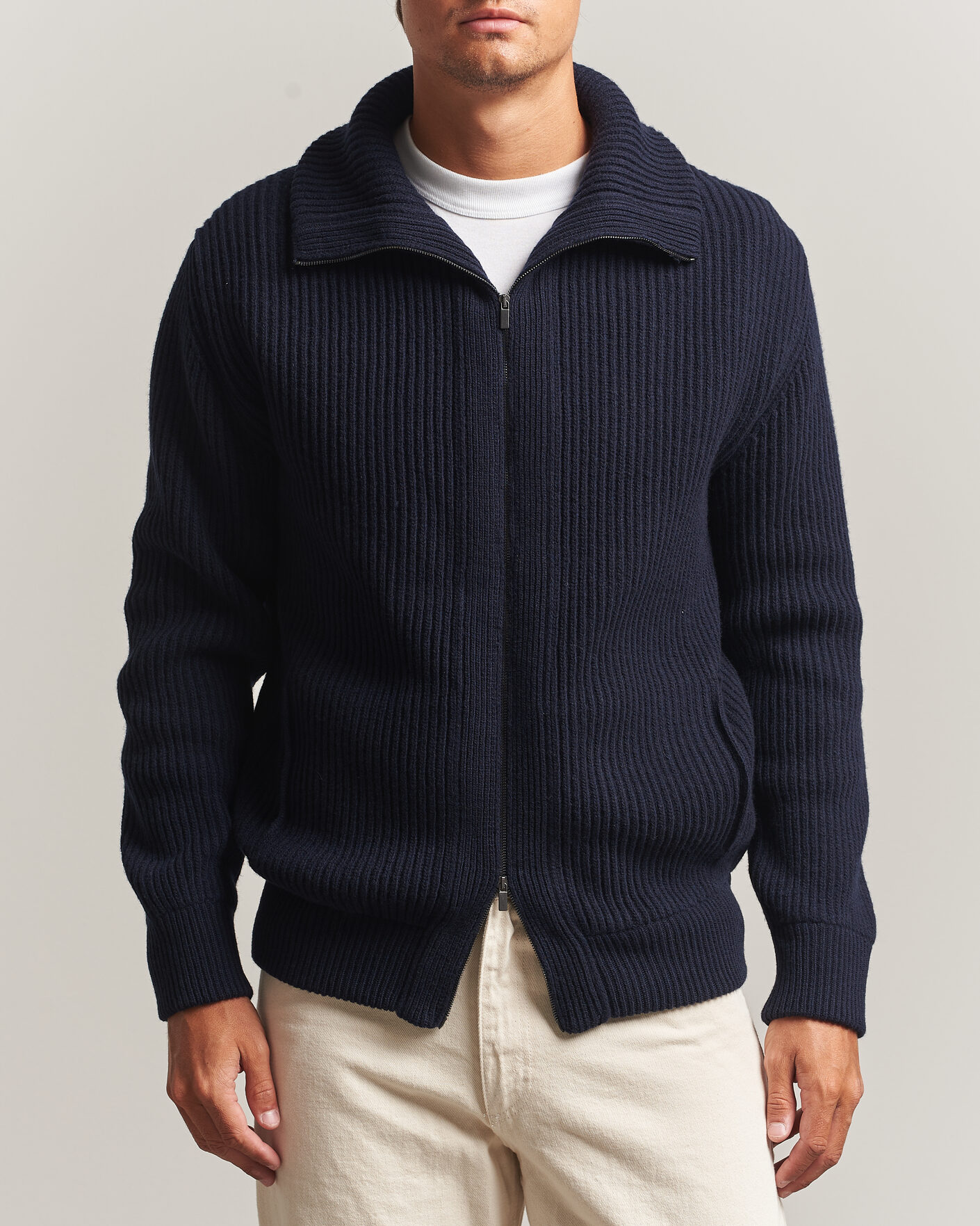 Herre | Trøjer | Altea | Rib Wool Bomber Cardigan Navy