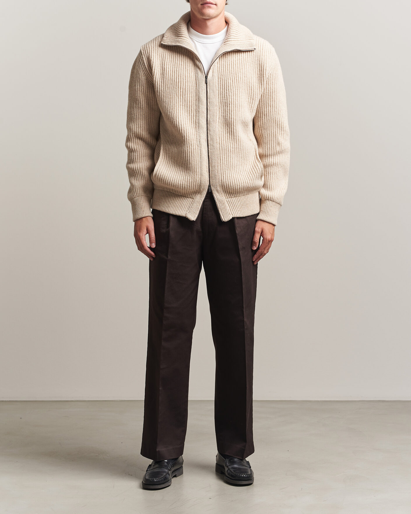 Herre | Trøjer | Altea | Rib Wool Bomber Cardigan Beige