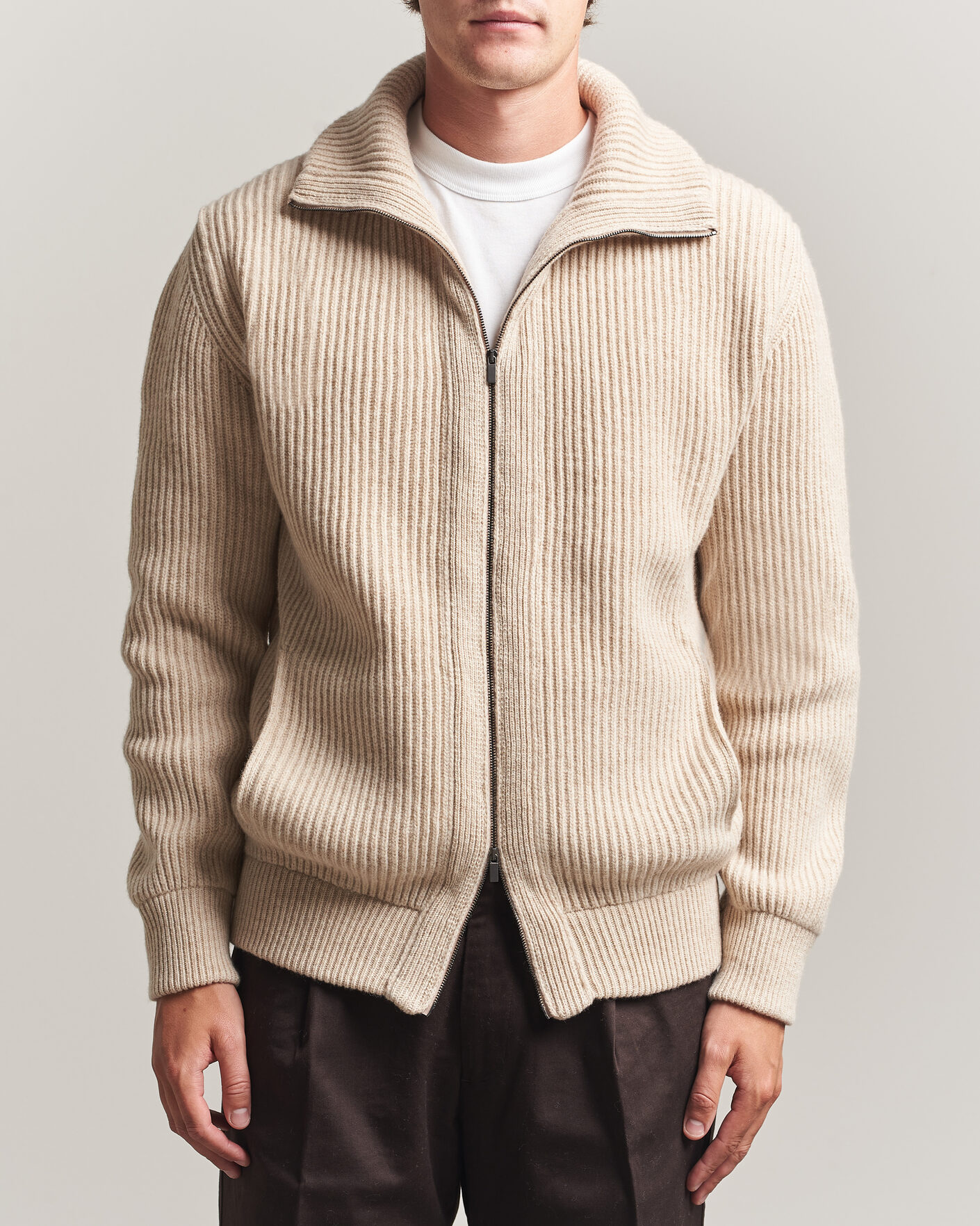 Herre | Trøjer | Altea | Rib Wool Bomber Cardigan Beige