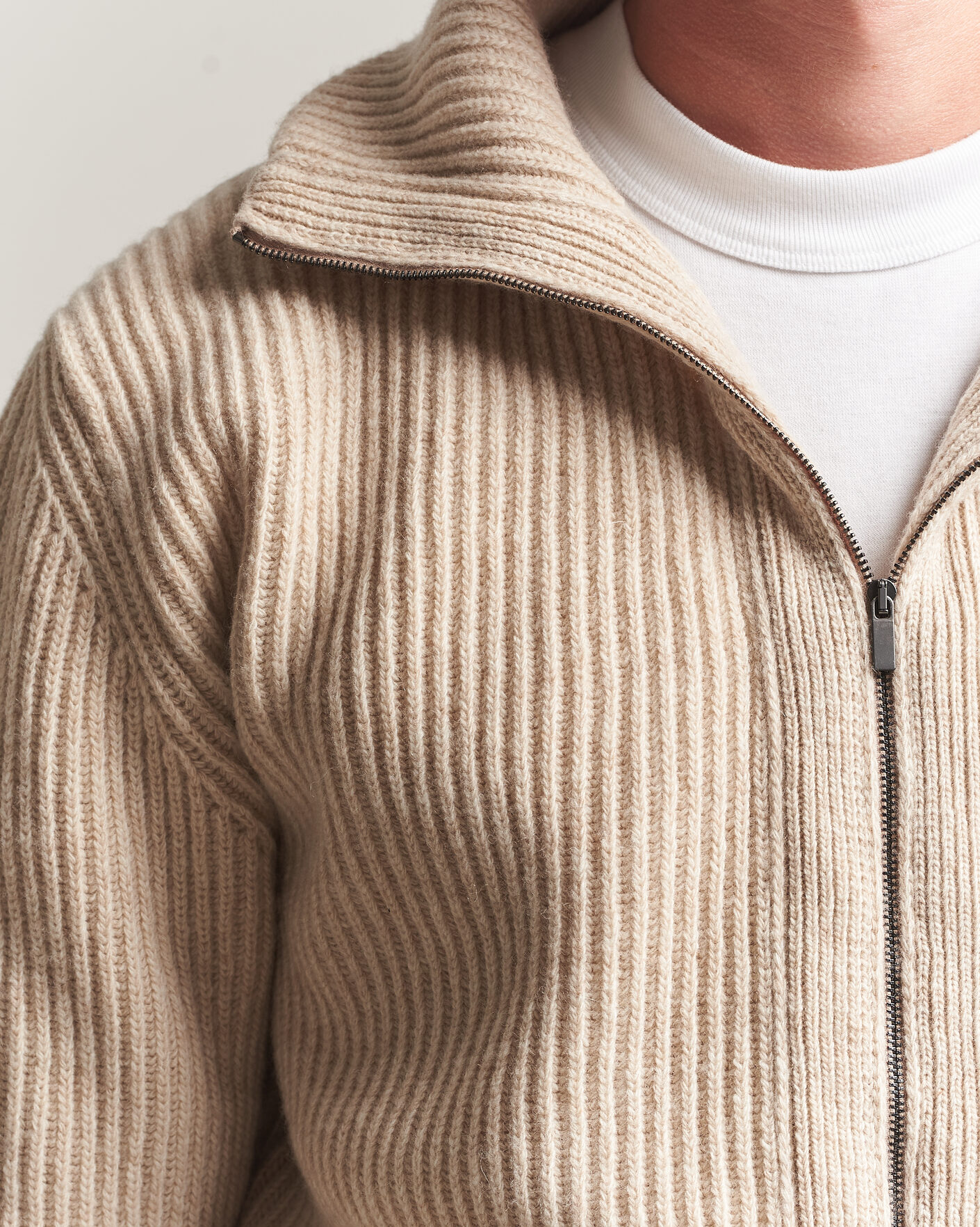 Herre | Trøjer | Altea | Rib Wool Bomber Cardigan Beige