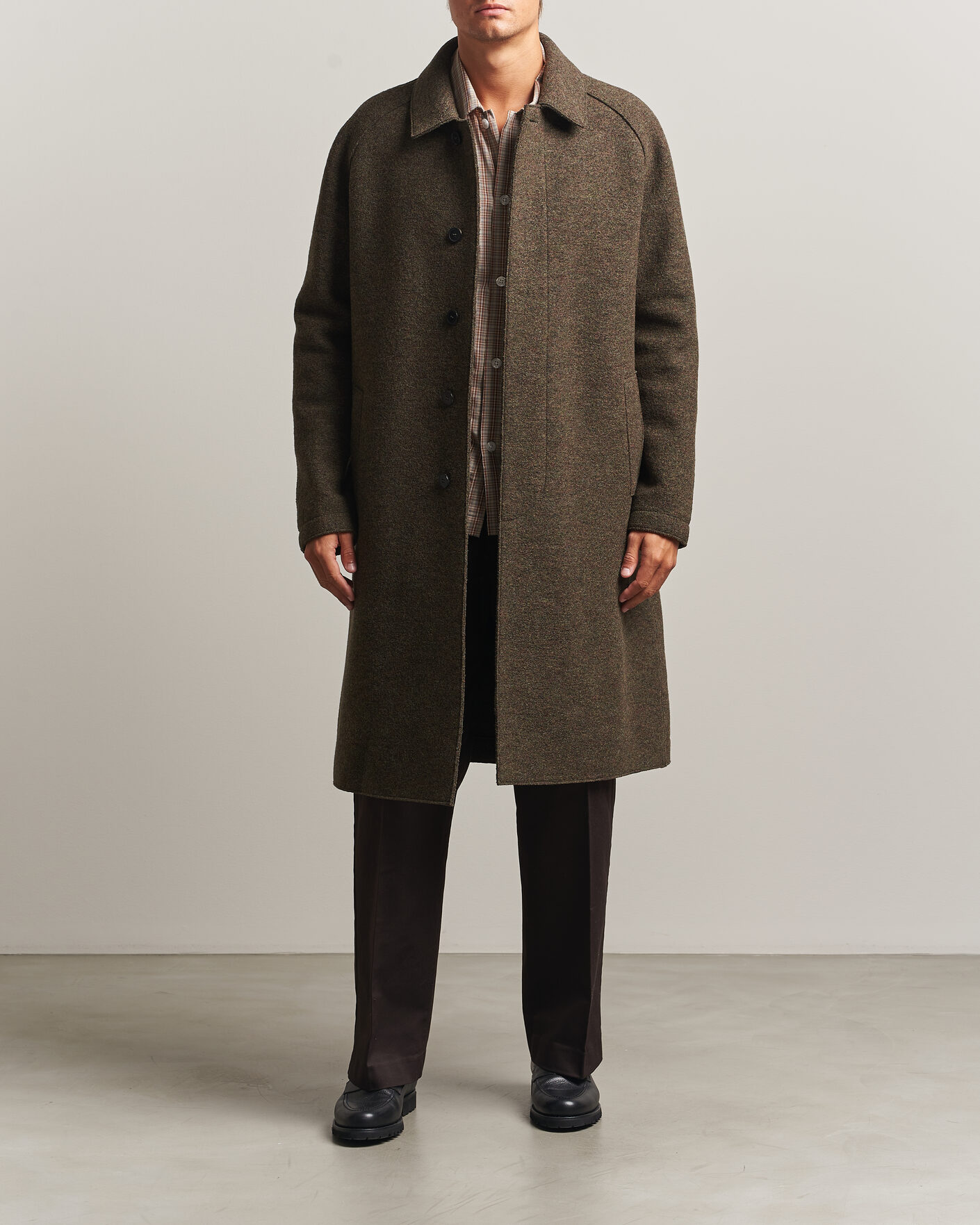 Herre | Jakker | Harris Wharf London | Boiled Wool Fly Front Balmacan Coat Brown/Green