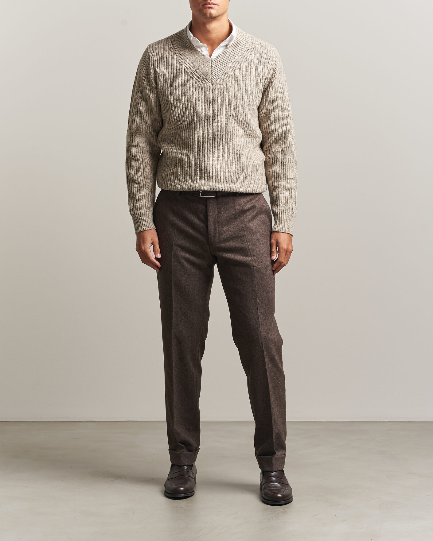 Herre | Trøjer | Morgano | Fisherman Ribb Donegal Knitted V-Neck Beige