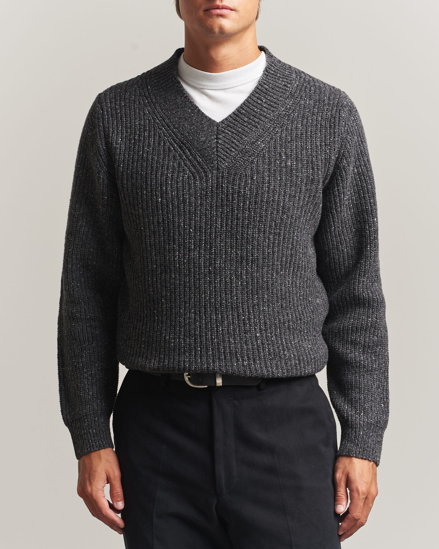 Herre | Trøjer | Morgano | Fisherman Ribb Donegal Knitted V-Neck Dark Grey