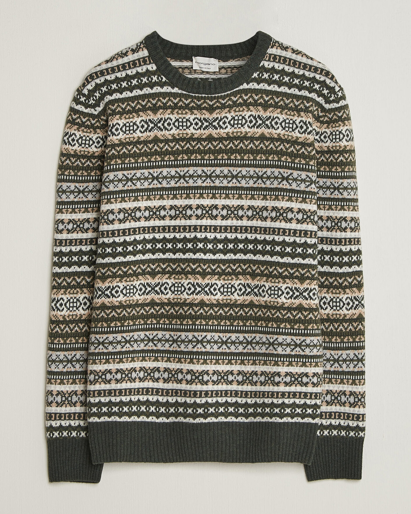 Herre | Trøjer | Morgano | Wool/Cashmere Fair Isle Knitted Crewneck Green