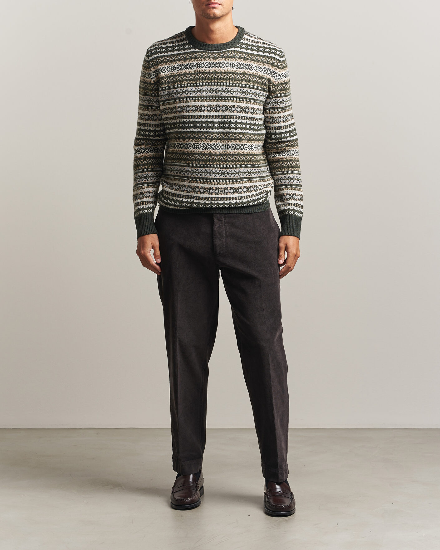 Herre | Trøjer | Morgano | Wool/Cashmere Fair Isle Knitted Crewneck Green