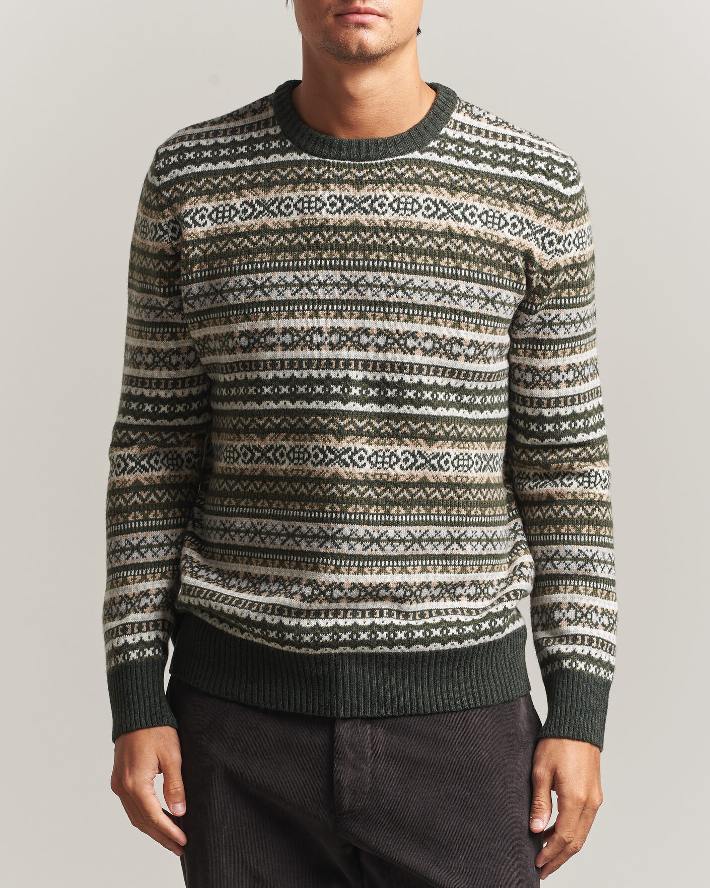 Herre | Trøjer | Morgano | Wool/Cashmere Fair Isle Knitted Crewneck Green