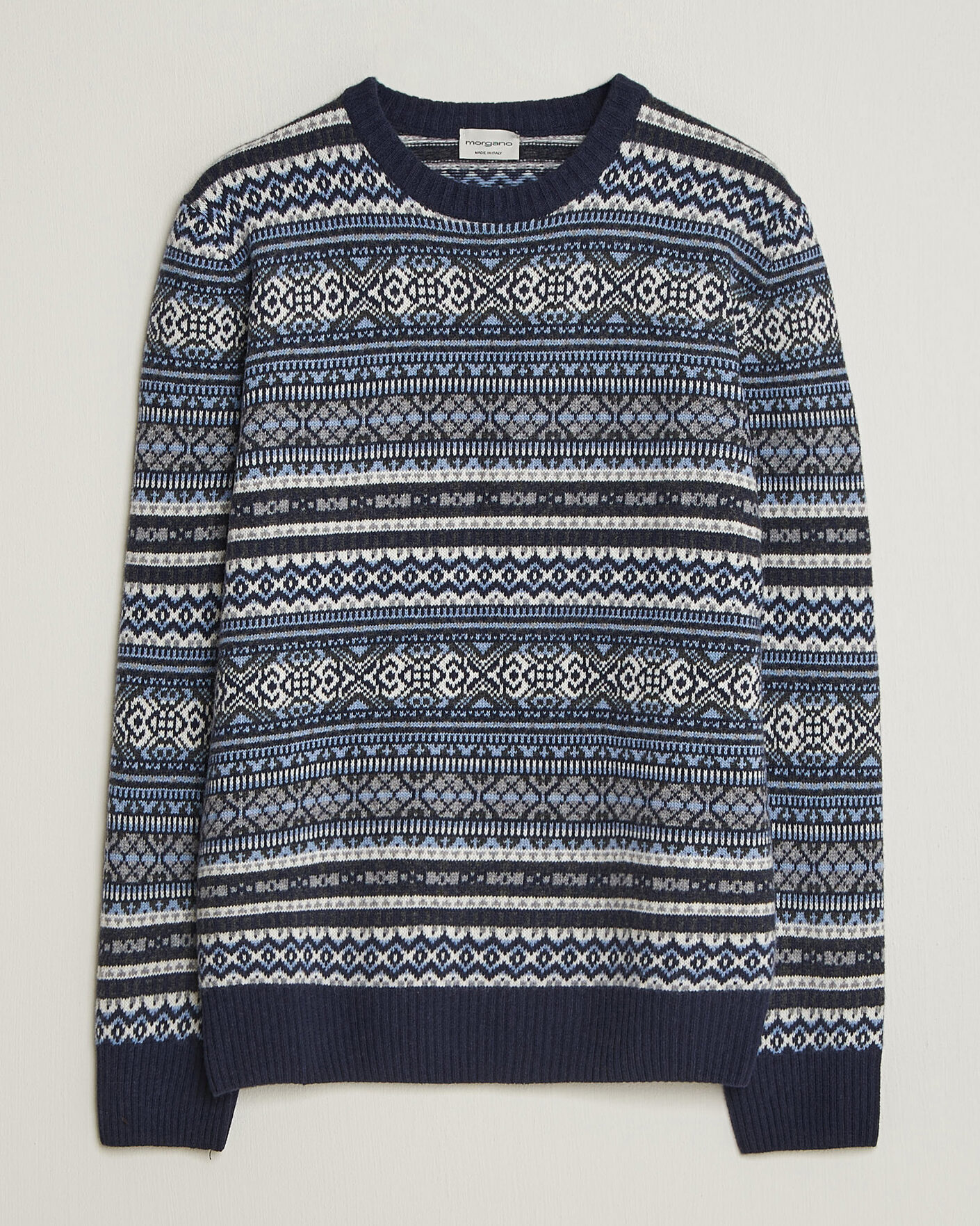 Herre | Trøjer | Morgano | Wool/Cashmere Fair Isle Knitted Crewneck Navy