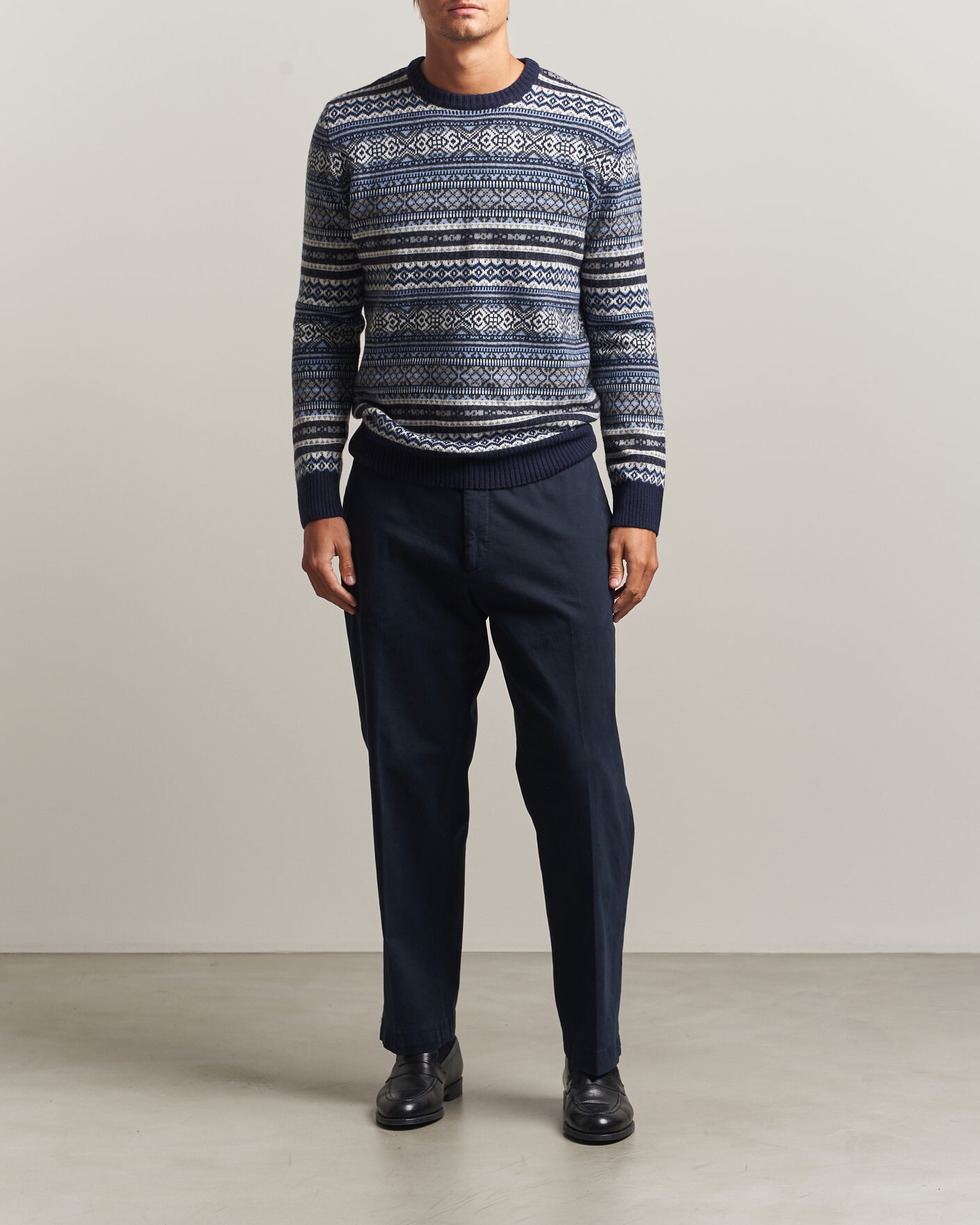 Herre | Trøjer | Morgano | Wool/Cashmere Fair Isle Knitted Crewneck Navy
