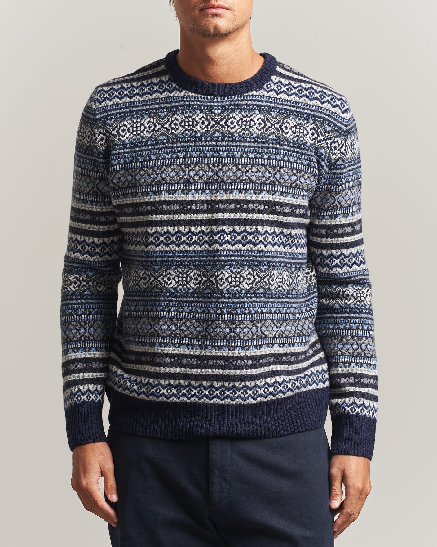 Herre | Trøjer | Morgano | Wool/Cashmere Fair Isle Knitted Crewneck Navy