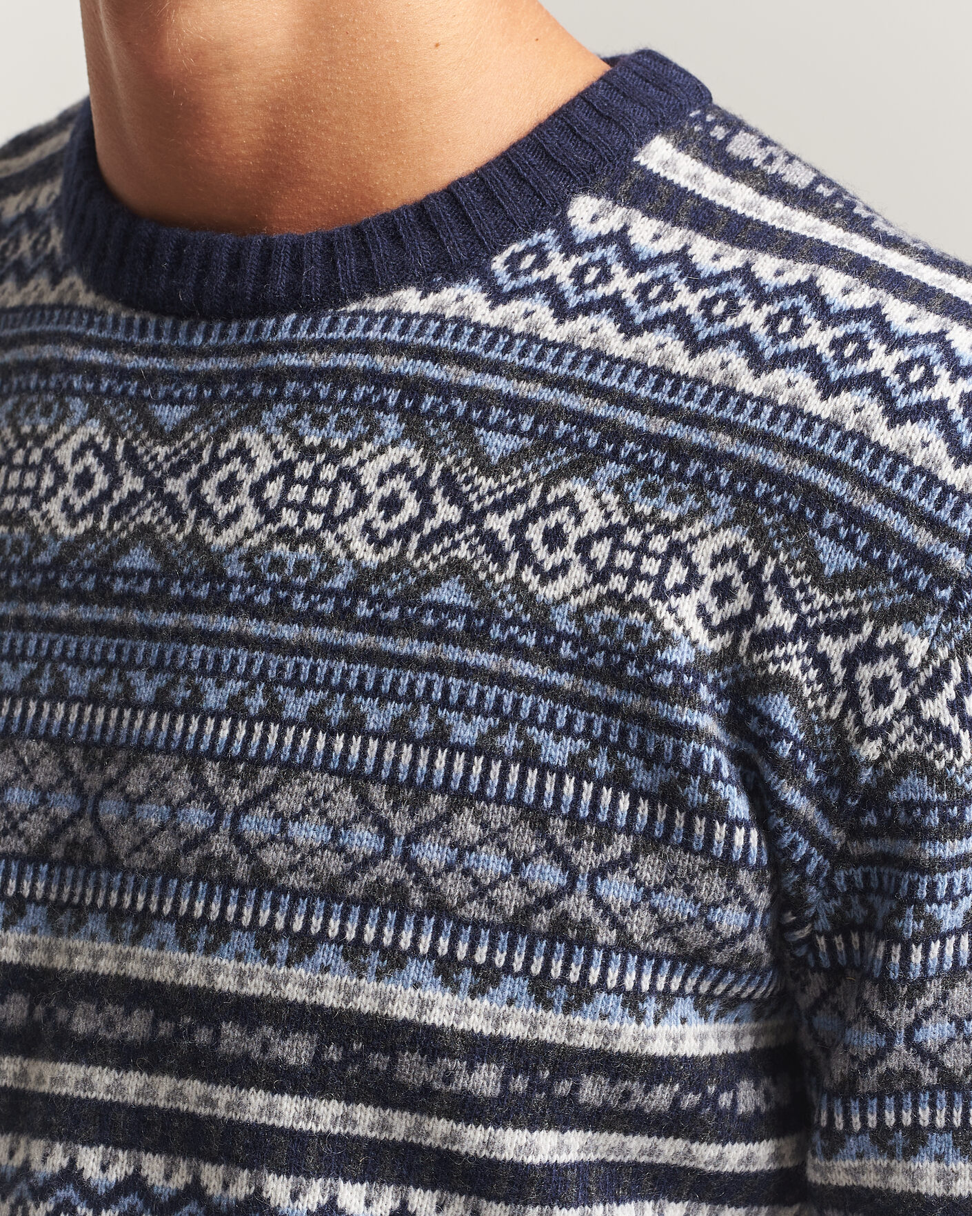 Herre | Trøjer | Morgano | Wool/Cashmere Fair Isle Knitted Crewneck Navy