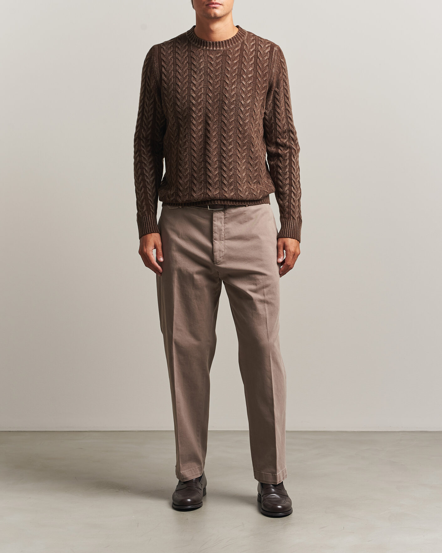 Herre | Trøjer | Morgano | Cable Knitted Brushed Dyed Wool Crew Brown