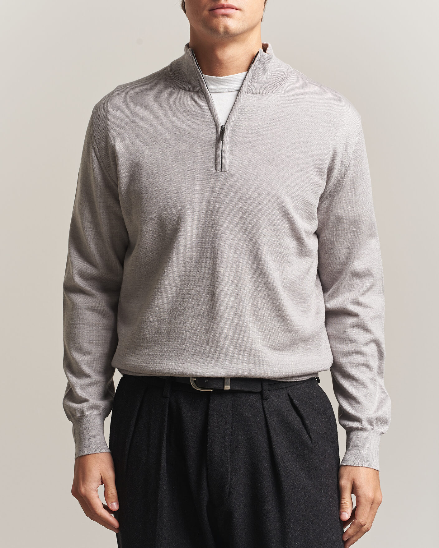 Herre | Trøjer | Morgano | Extra Fine Merino Wool Half-Zip Light Grey