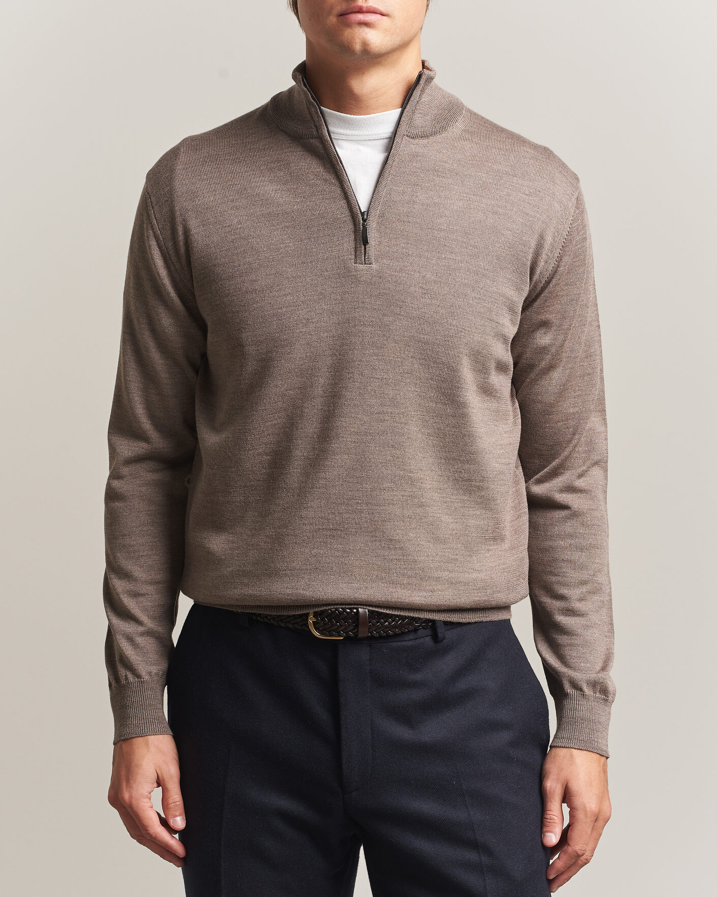 Herre | Trøjer | Morgano | Extra Fine Merino Wool Half-Zip Mid Brown