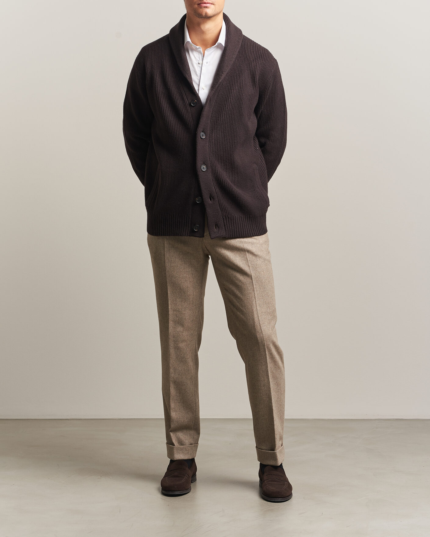 Herre | Trøjer | Charles Tyrwhitt | Chunky Merino Shawl Neck Cardigan Chocolate