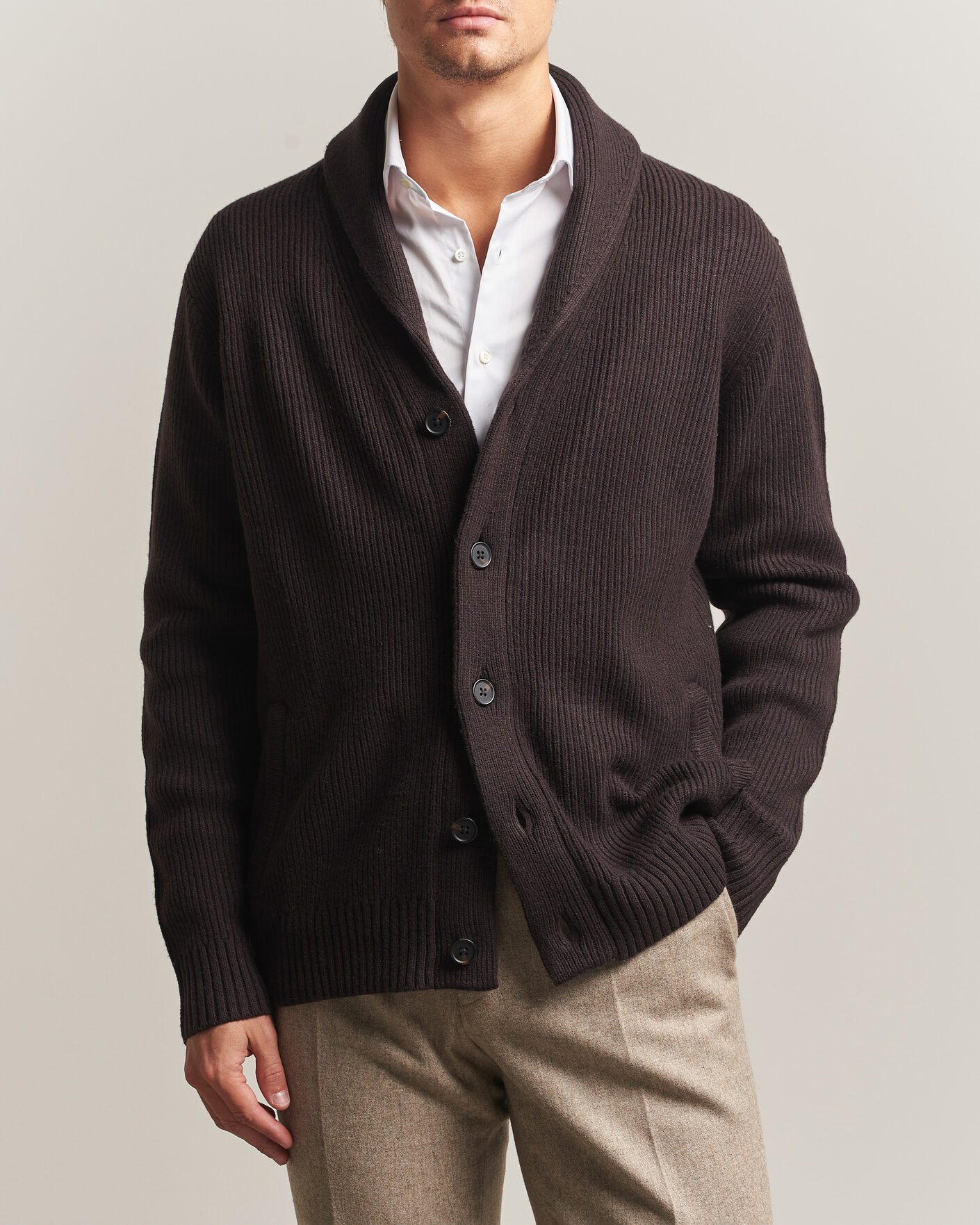 Herre | Trøjer | Charles Tyrwhitt | Chunky Merino Shawl Neck Cardigan Chocolate