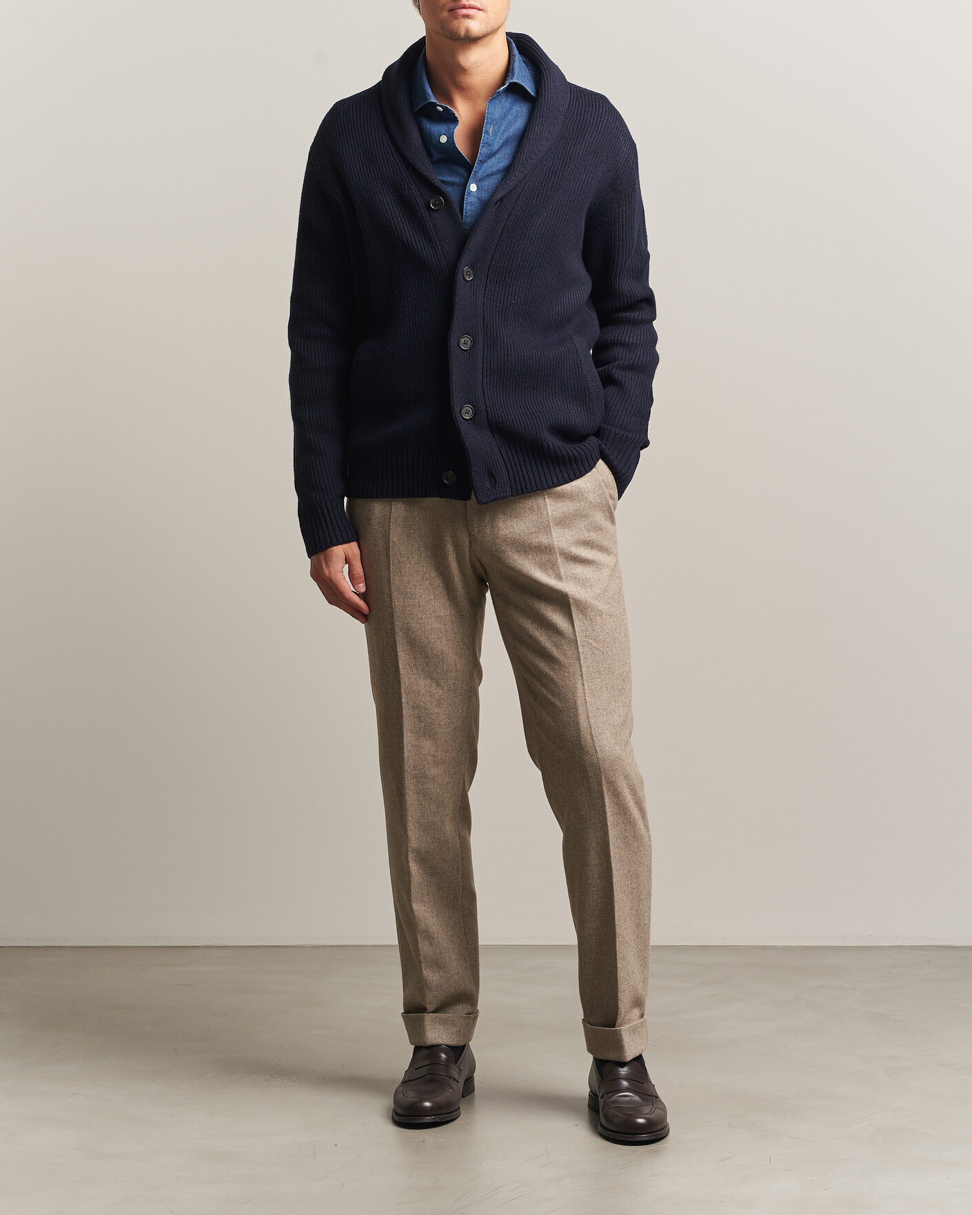 Herre | Trøjer | Charles Tyrwhitt | Chunky Merino Shawl Neck Cardigan Navy