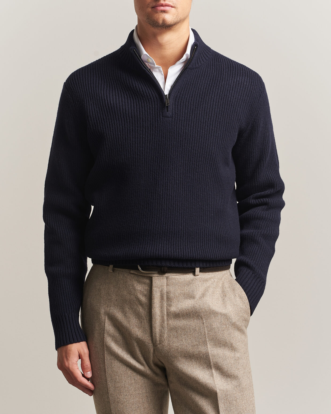 Herre | Trøjer | Charles Tyrwhitt | Chunky Merino Zip Neck Navy