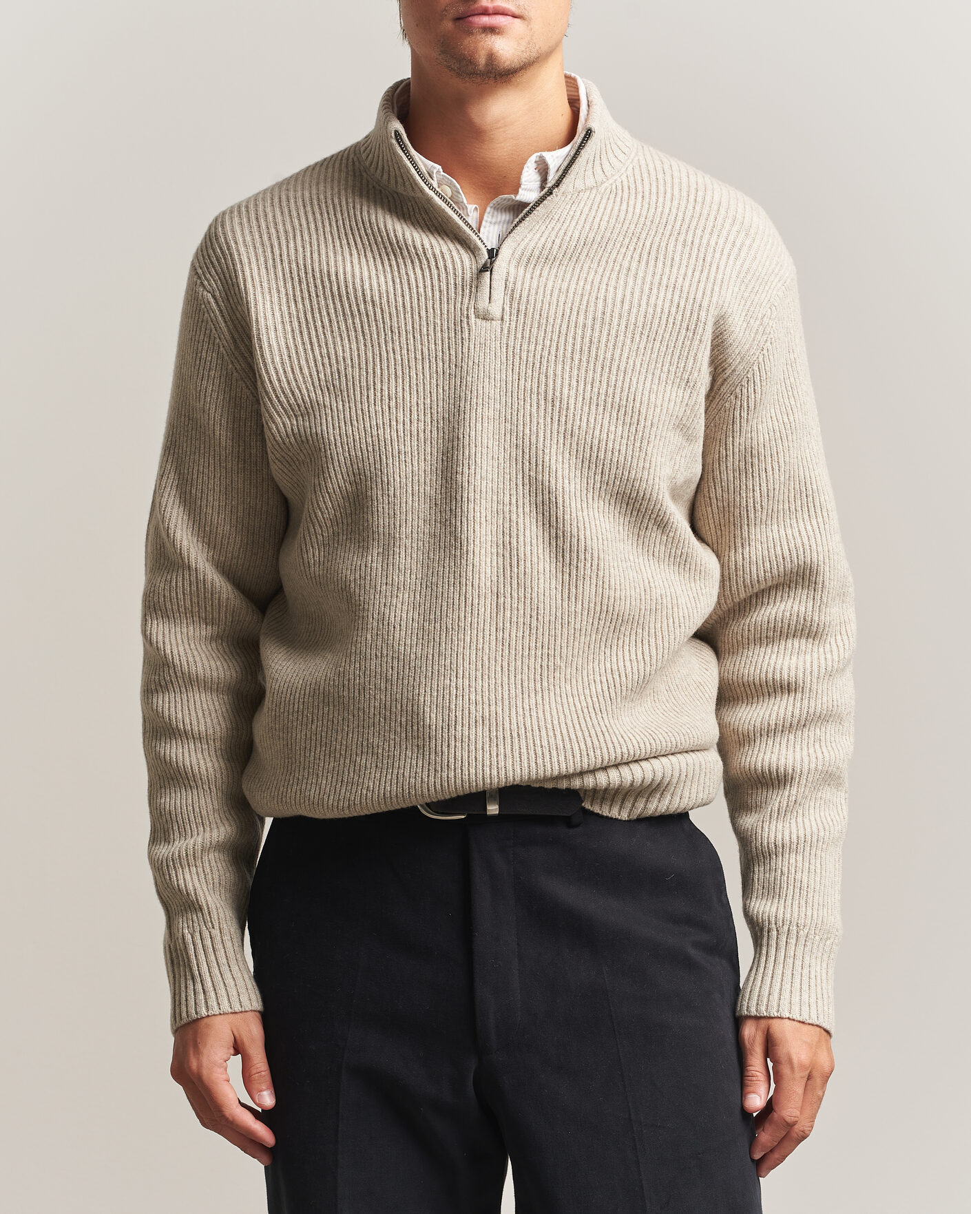 Herre | Trøjer | Charles Tyrwhitt | Chunky Merino Zip Neck Oat