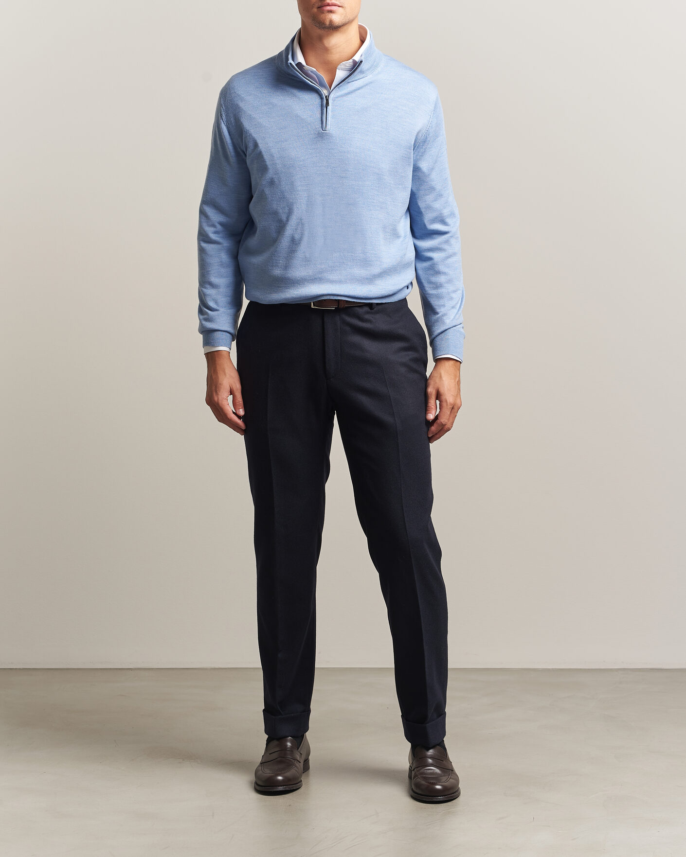 Herre | Trøjer | Charles Tyrwhitt | Pure Merino Zip Neck Jumper Cornflower Blue