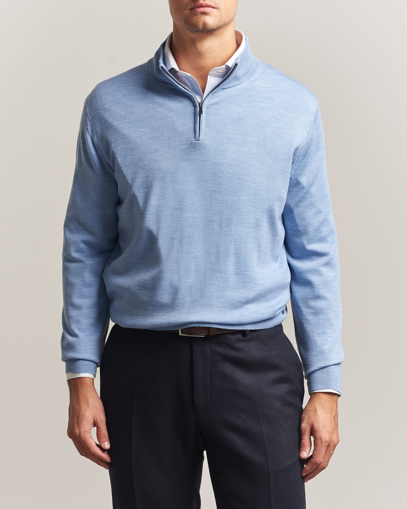 Herre | Trøjer | Charles Tyrwhitt | Pure Merino Zip Neck Jumper Cornflower Blue