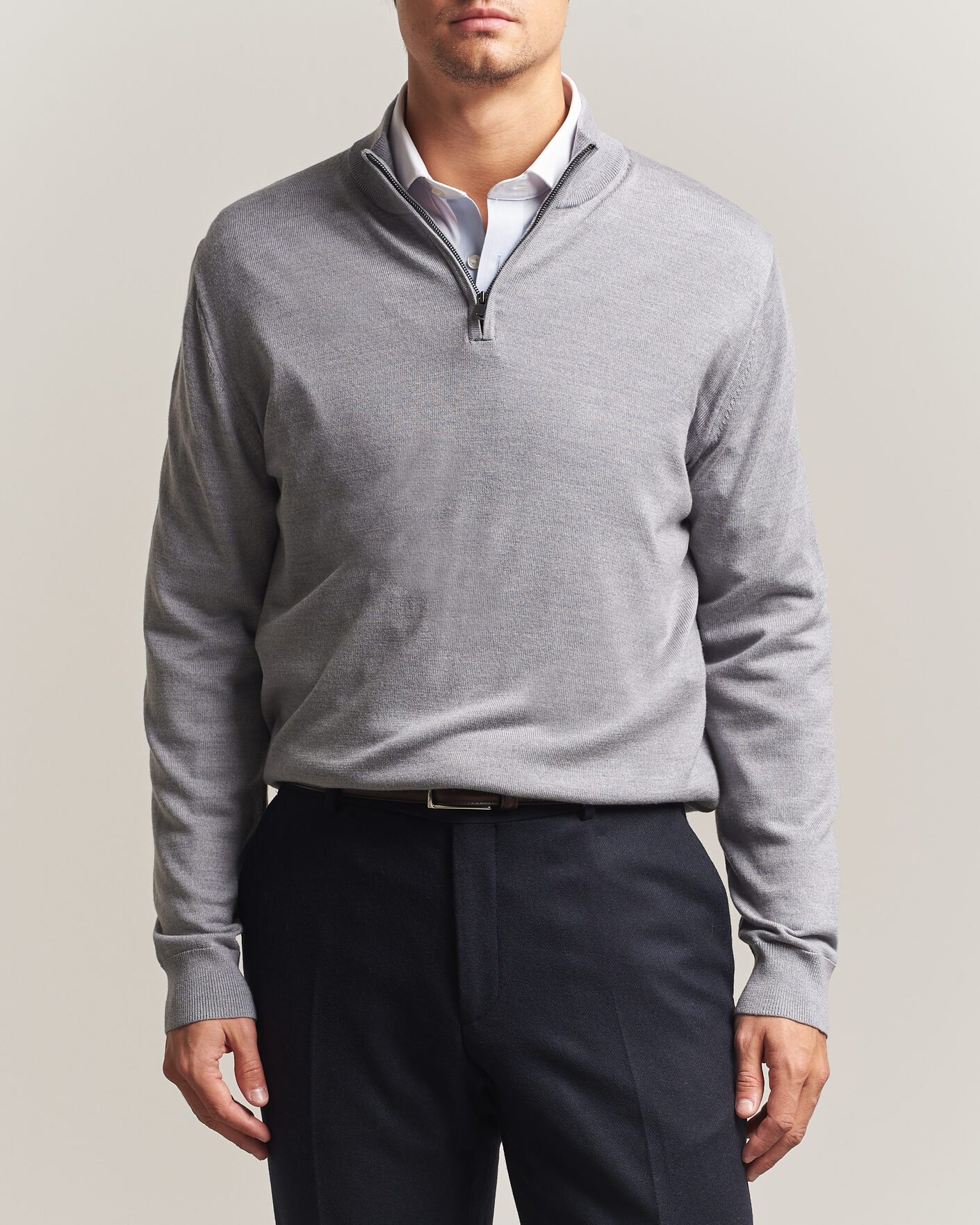 Herre | Trøjer | Charles Tyrwhitt | Pure Merino Zip Neck Jumper Light Grey