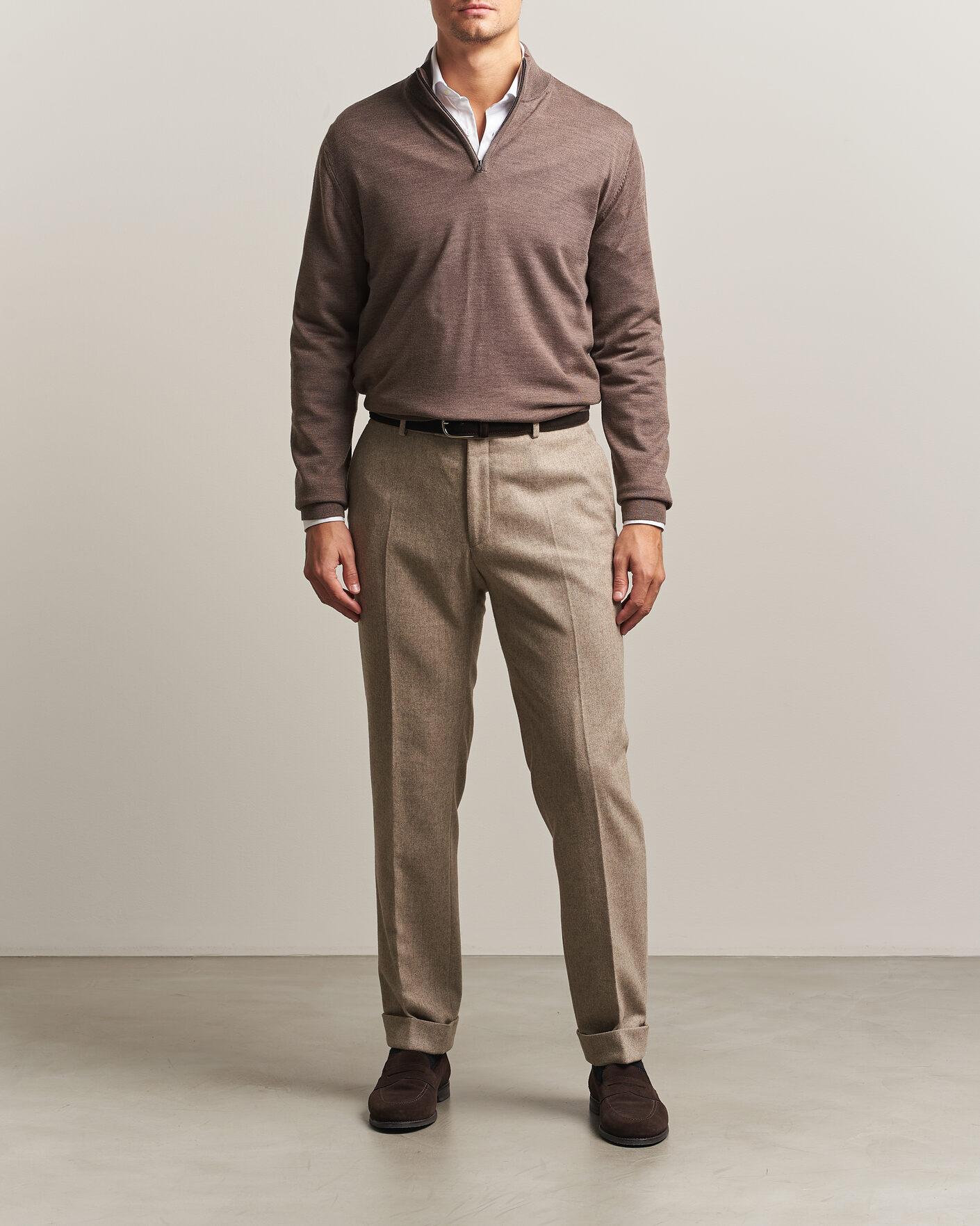 Herre | Trøjer | Charles Tyrwhitt | Pure Merino Zip Neck Jumper Mocha