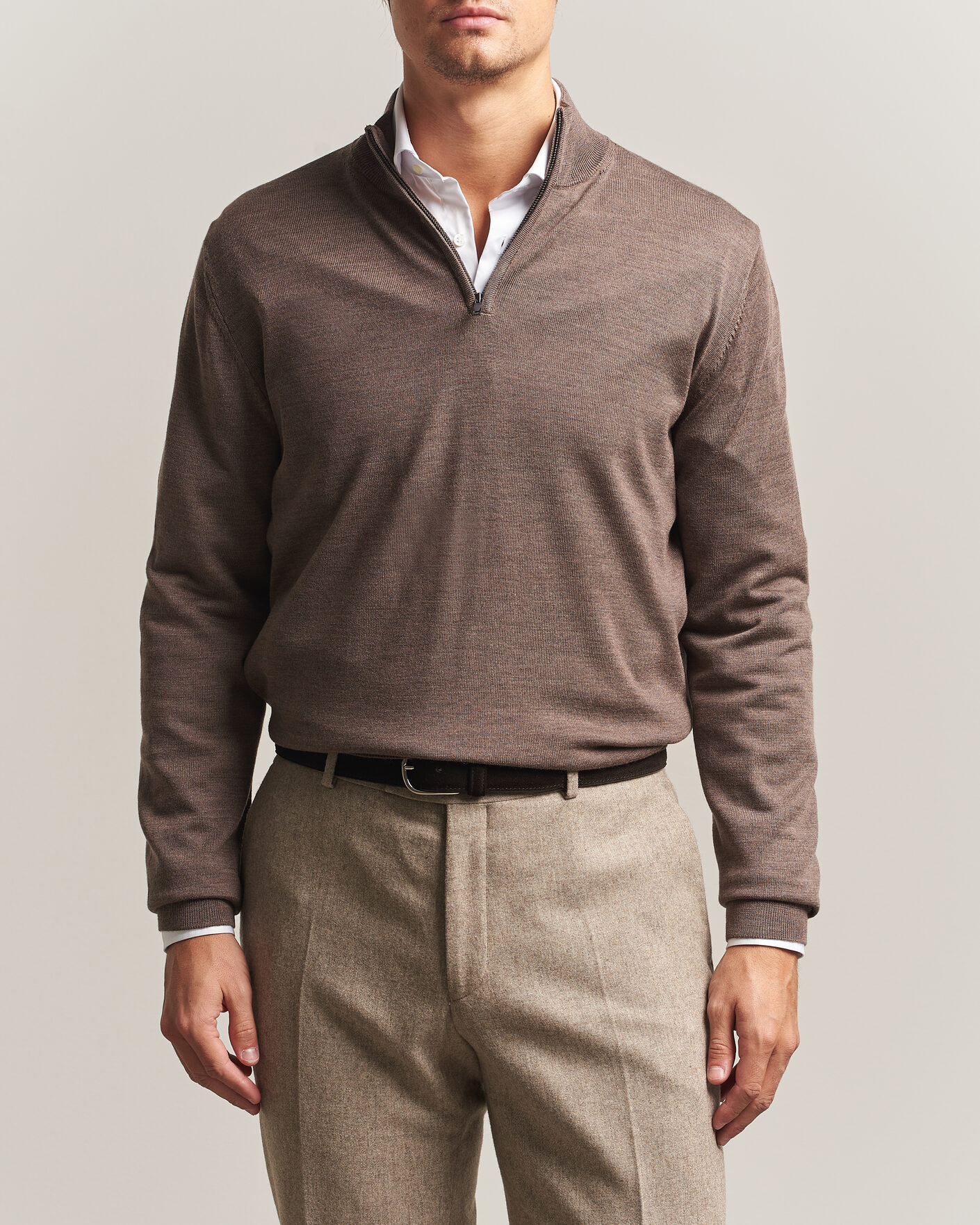 Herre | Trøjer | Charles Tyrwhitt | Pure Merino Zip Neck Jumper Mocha