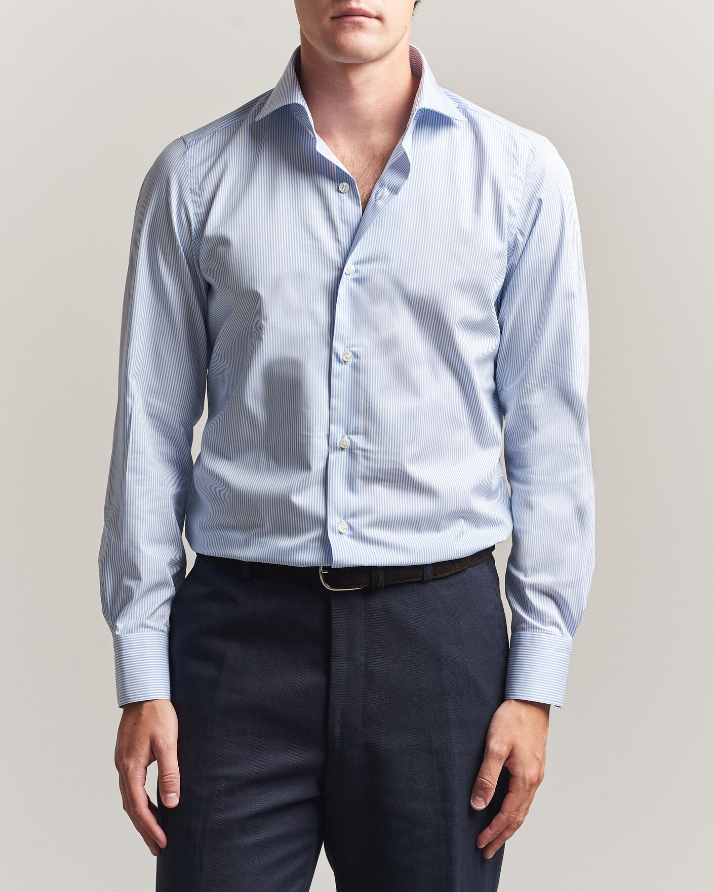Herre | Skjorter | Finamore Napoli | Milano Slim Traveller Cotton Shirt Blue Stripe