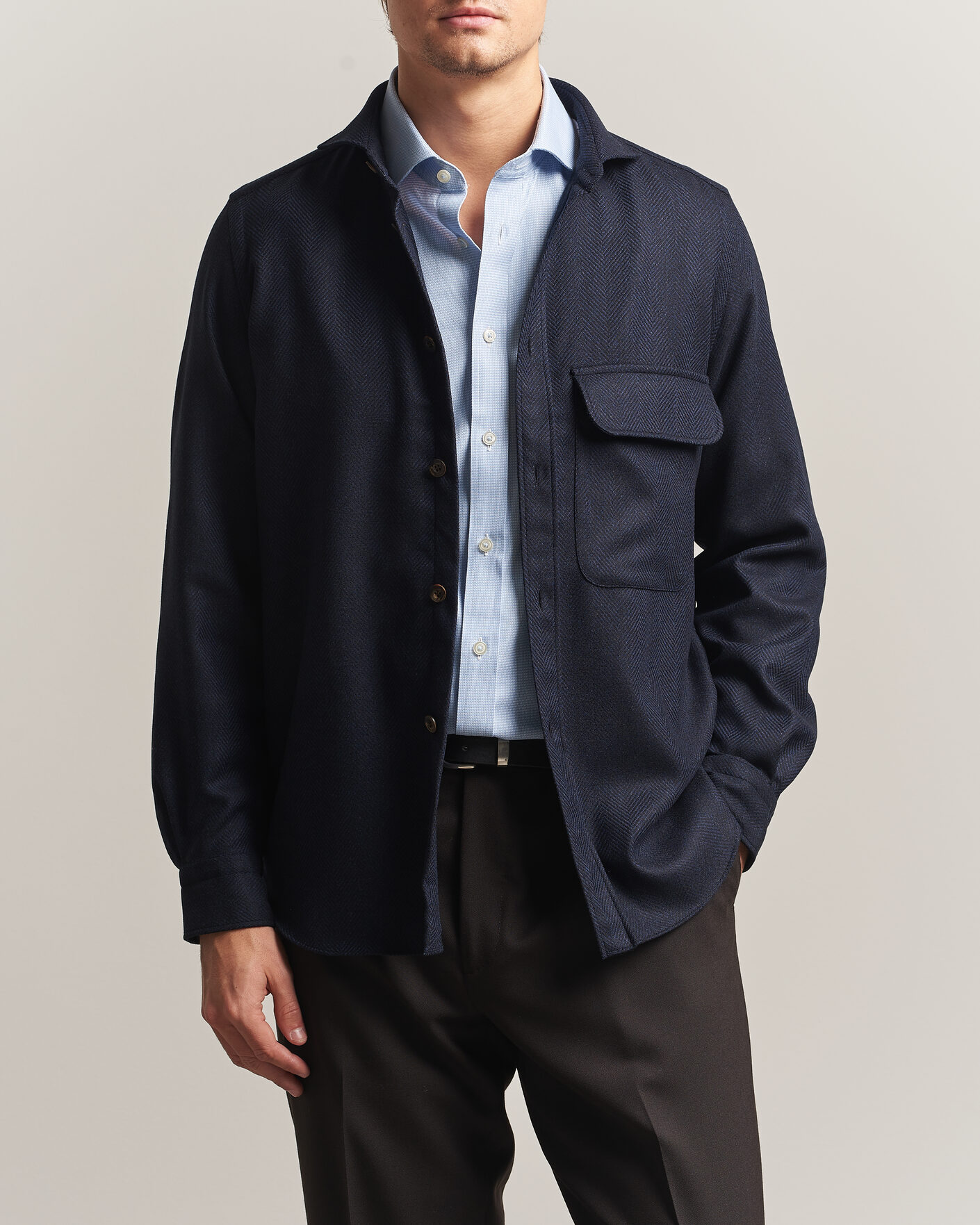 Herre | Skjorter | Finamore Napoli | Wool Herringbone Overshirt Navy