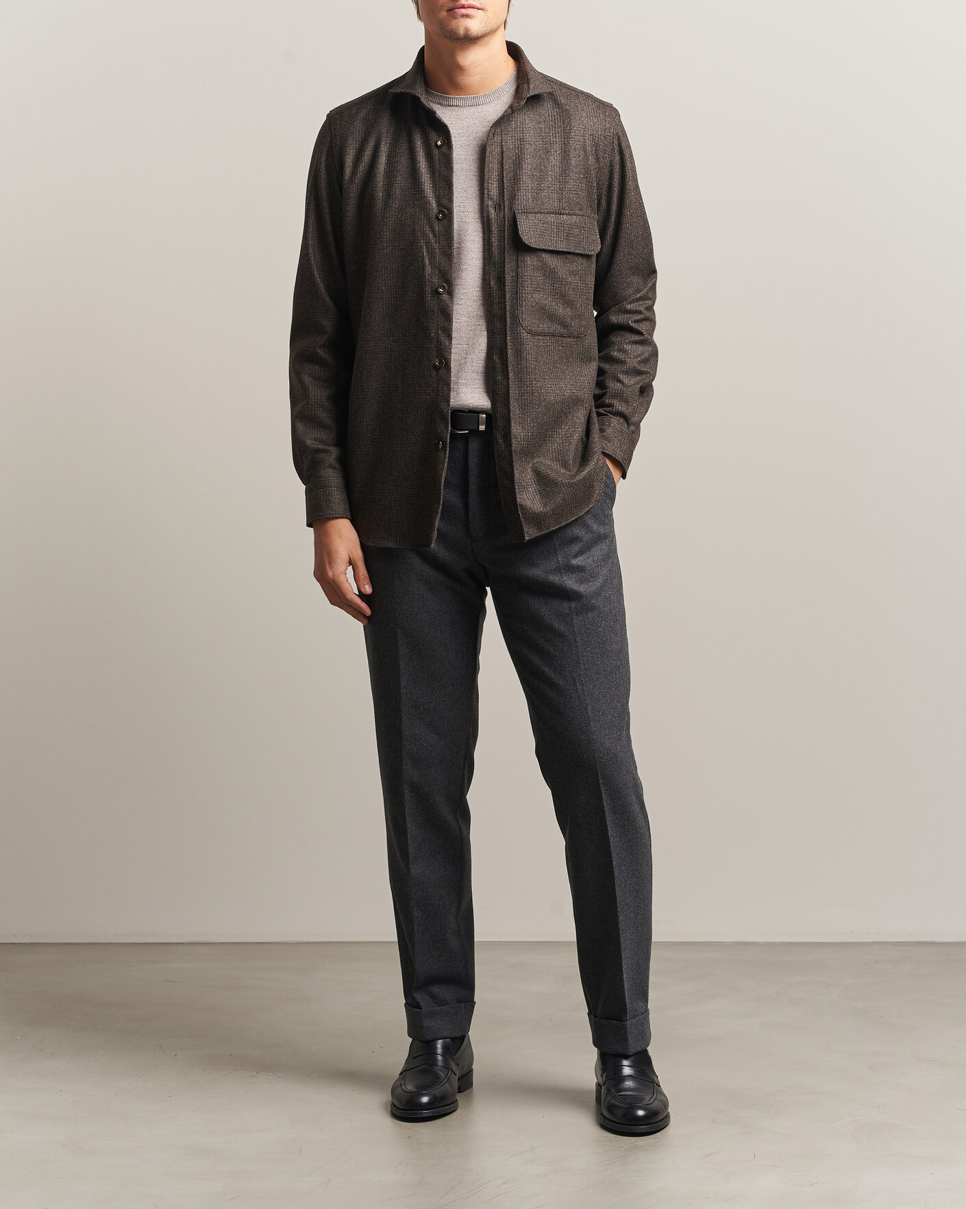 Herre | Skjorter | Finamore Napoli | Wool Houndstooth Overshirt Dark Brown