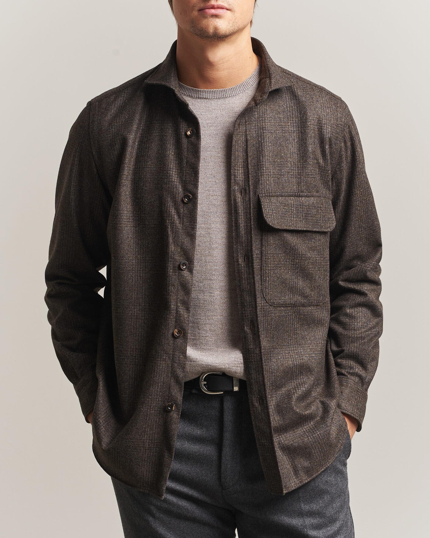 Herre | Skjorter | Finamore Napoli | Wool Houndstooth Overshirt Dark Brown