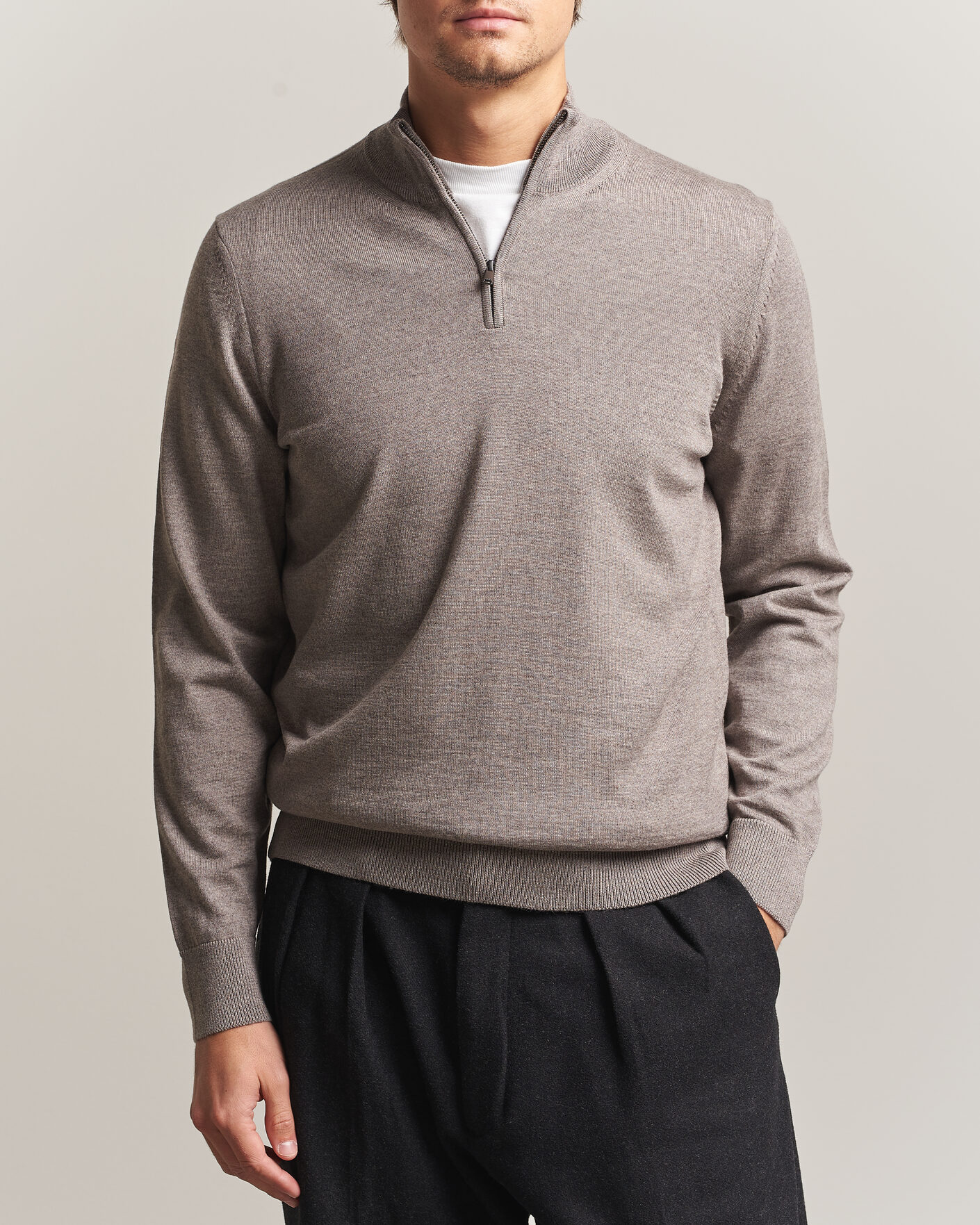 Herre | Trøjer | BOSS BLACK | Ebenji Merino Knitted Half Zip Open Brown