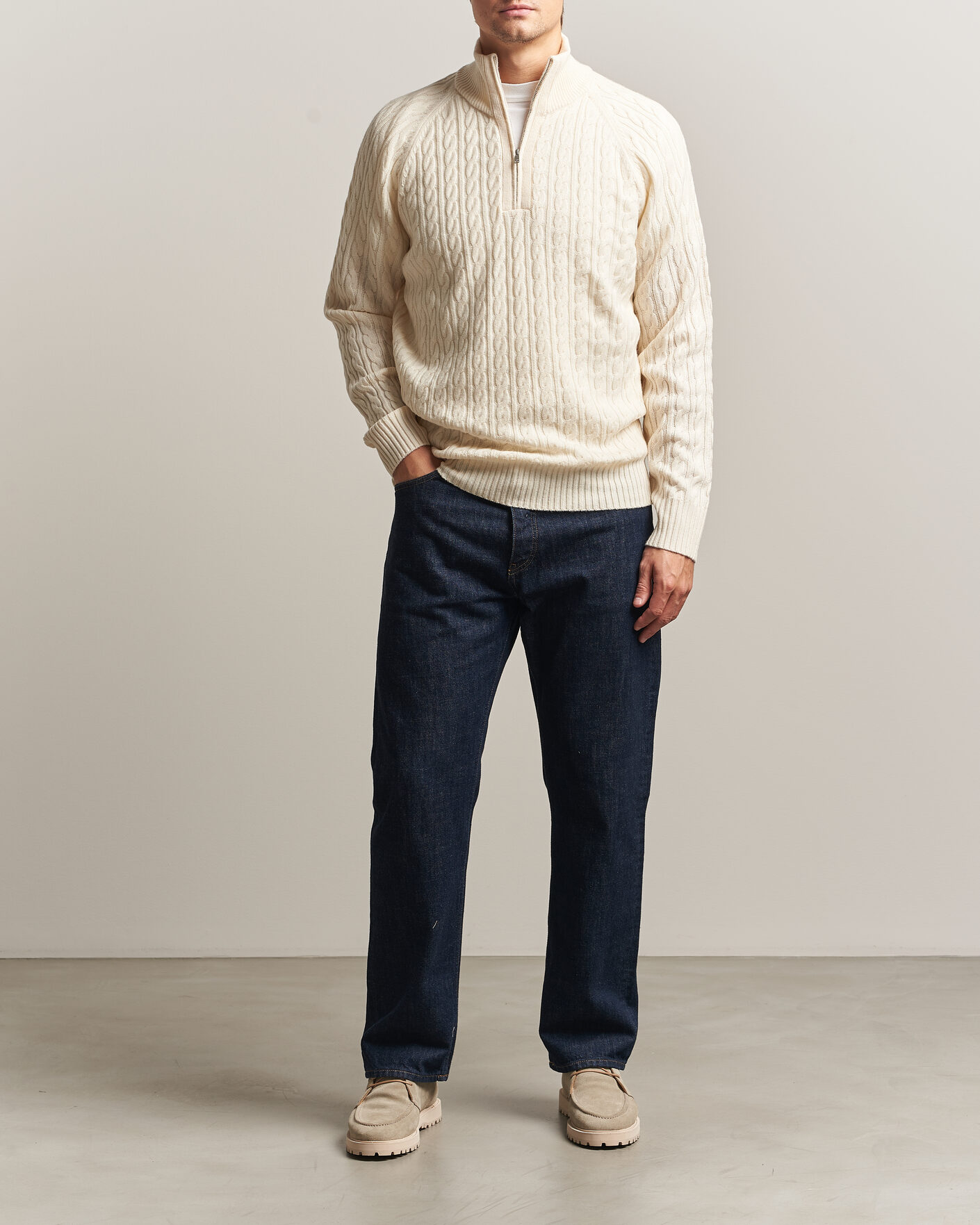 Herre | Trøjer | BOSS BLACK | Furore Wool/Cashmere Cable Half Zip Open White