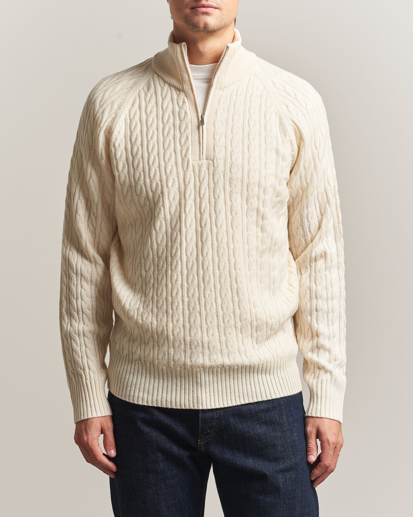 Herre | Trøjer | BOSS BLACK | Furore Wool/Cashmere Cable Half Zip Open White