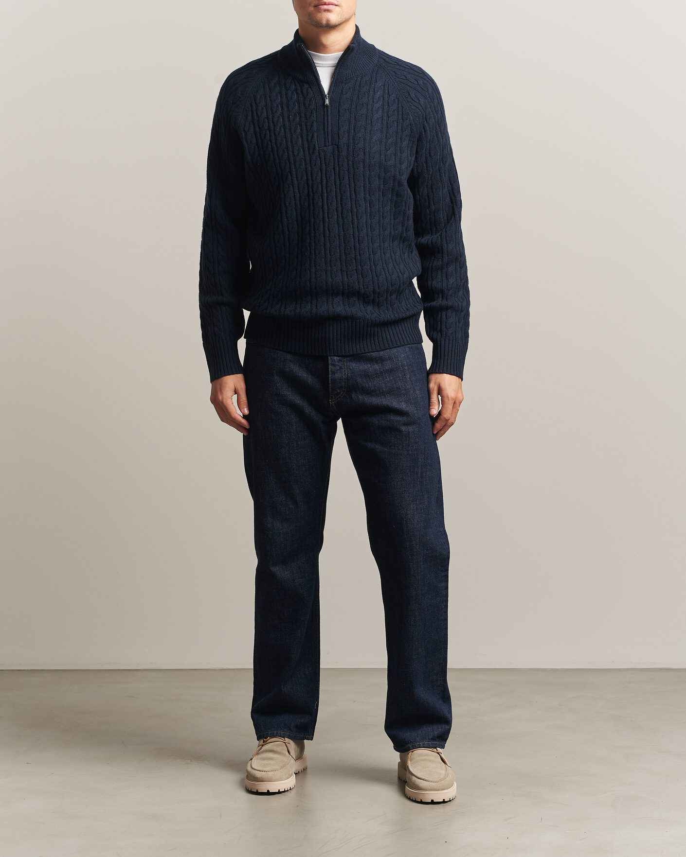 Herre | Trøjer | BOSS BLACK | Furore Wool/Cashmere Cable Half Zip Dark Blue