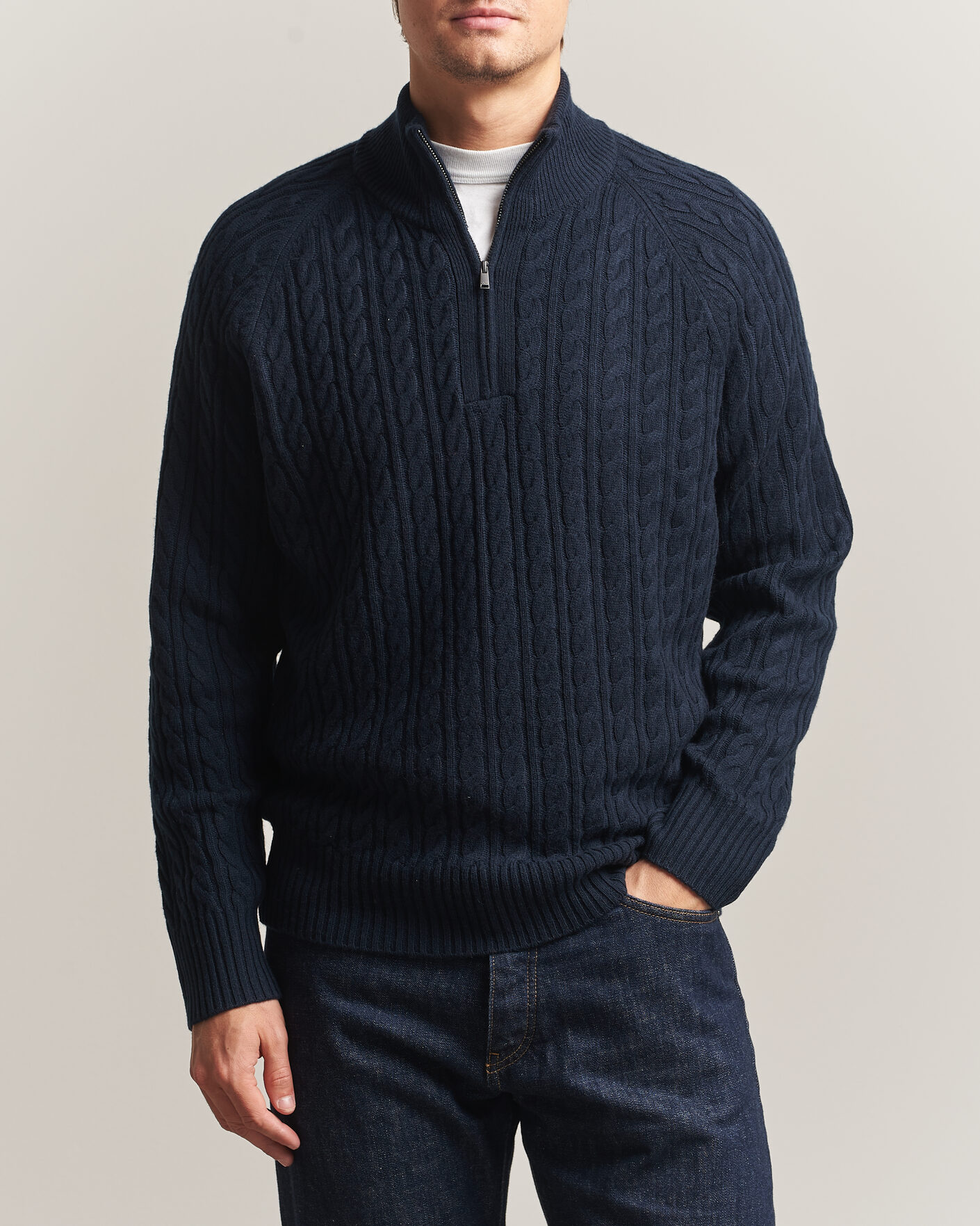 Herre | Trøjer | BOSS BLACK | Furore Wool/Cashmere Cable Half Zip Dark Blue
