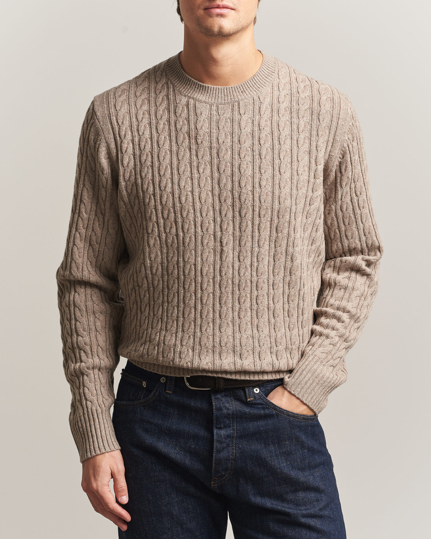 Herre | Trøjer | BOSS BLACK | Furlan Wool/Cashmere Cable Crew Neck Open Brown