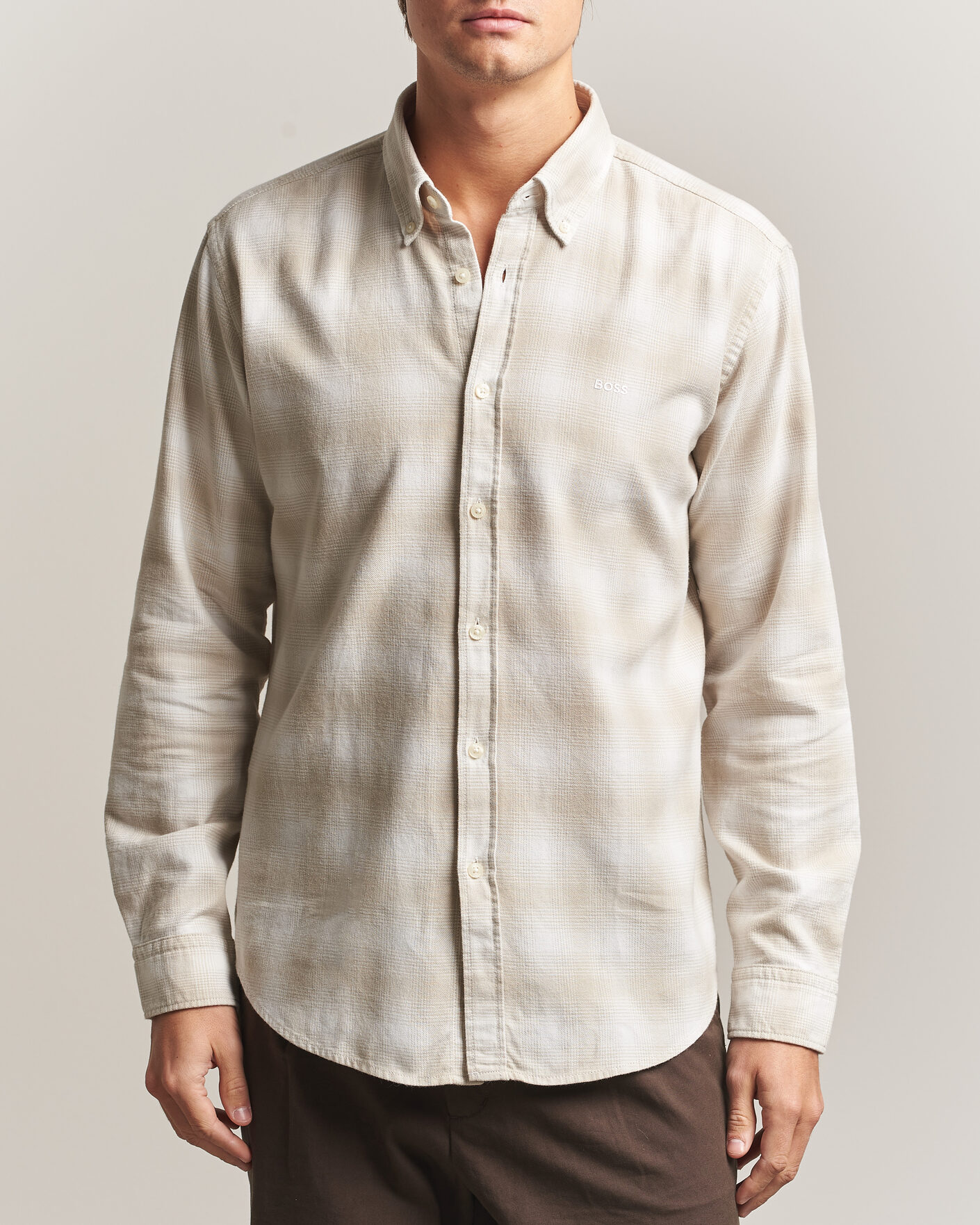 Herre | Skjorter | BOSS ORANGE | Rickert Brushed Cotton Checked Shirt Light Beige