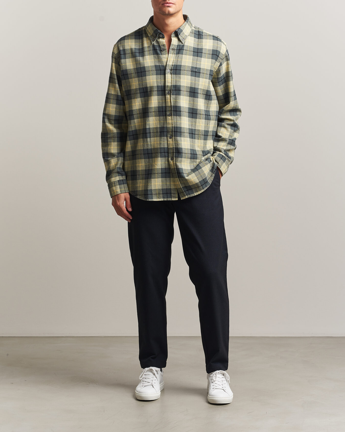 Herre | Skjorter | BOSS ORANGE | Rickert Brushed Cotton Checked Shirt Open Green