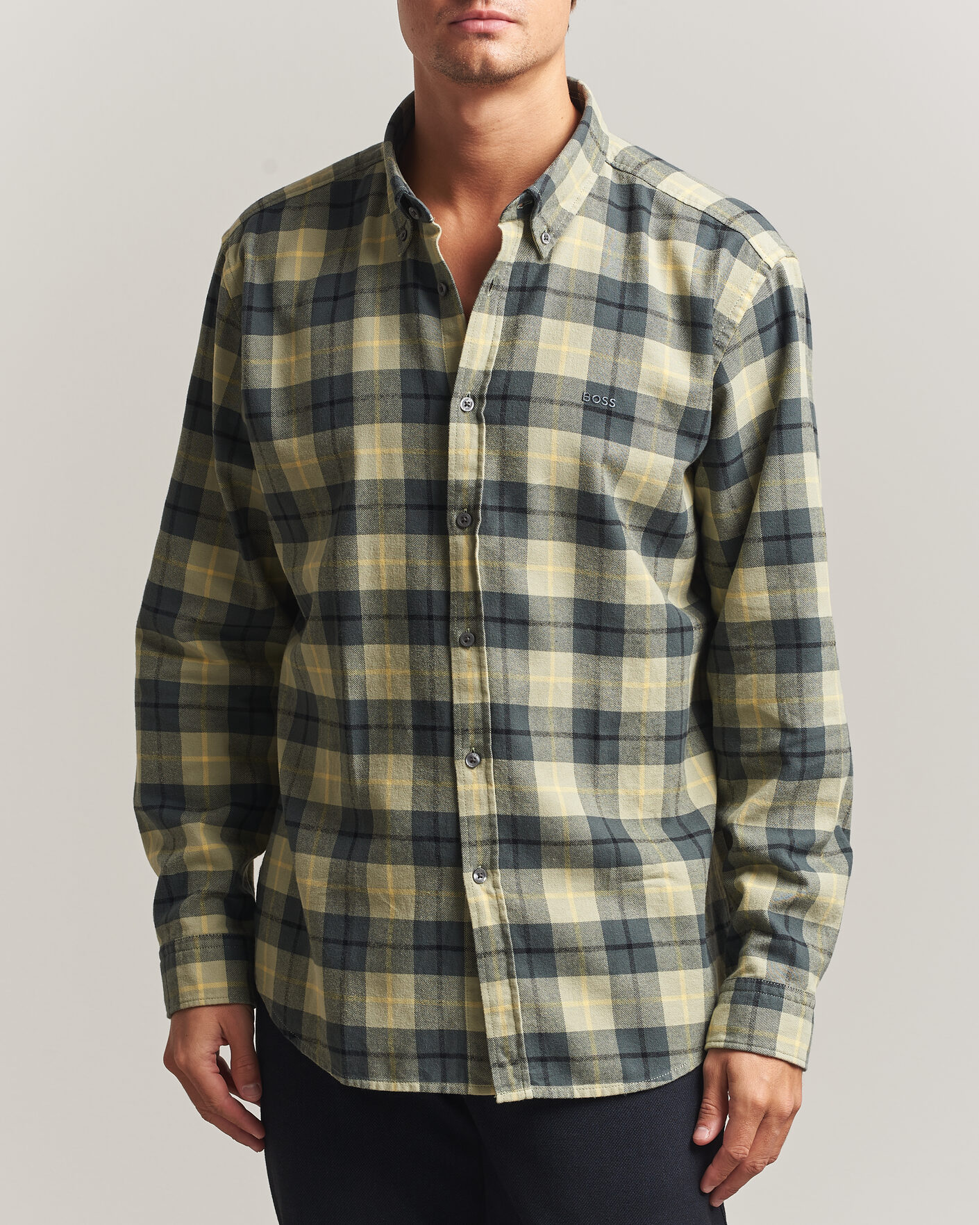 Herre | Skjorter | BOSS ORANGE | Rickert Brushed Cotton Checked Shirt Open Green