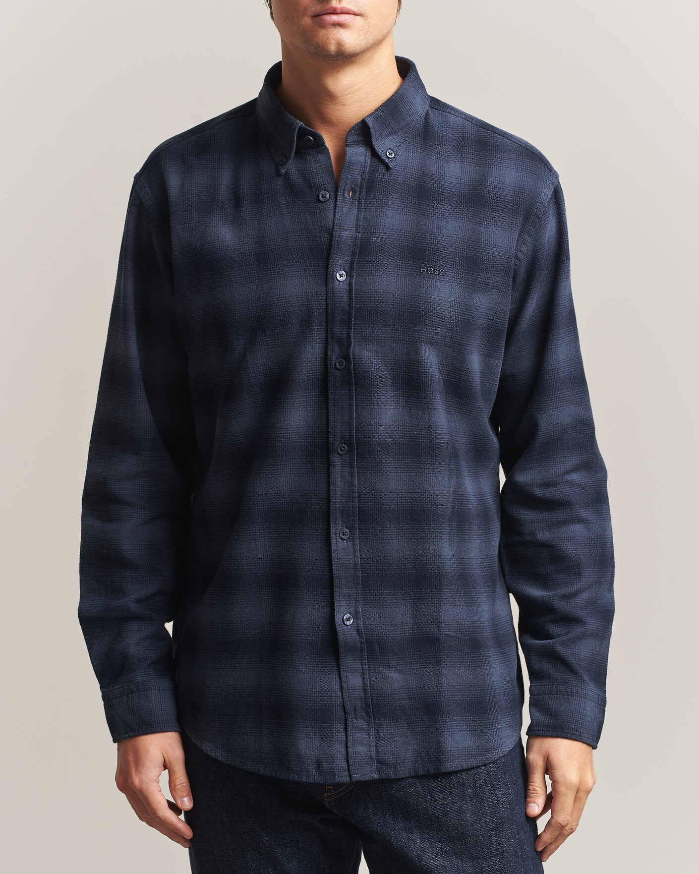 Herre | Skjorter | BOSS ORANGE | Rickert Brushed Cotton Checked Shirt Dark Blue