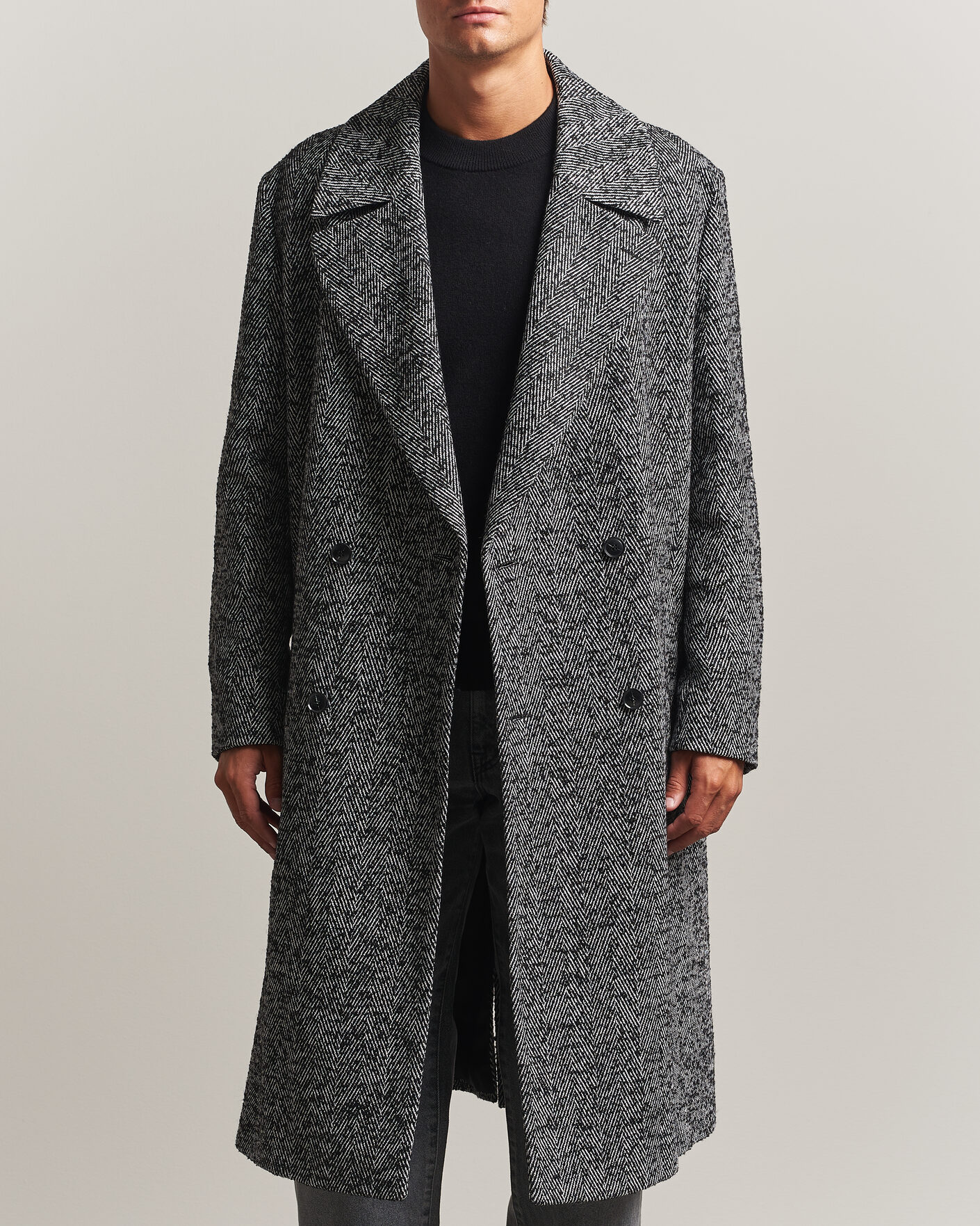 Herre | Jakker | HUGO | Milas Herringbone Double Breasted Coat Dark Grey