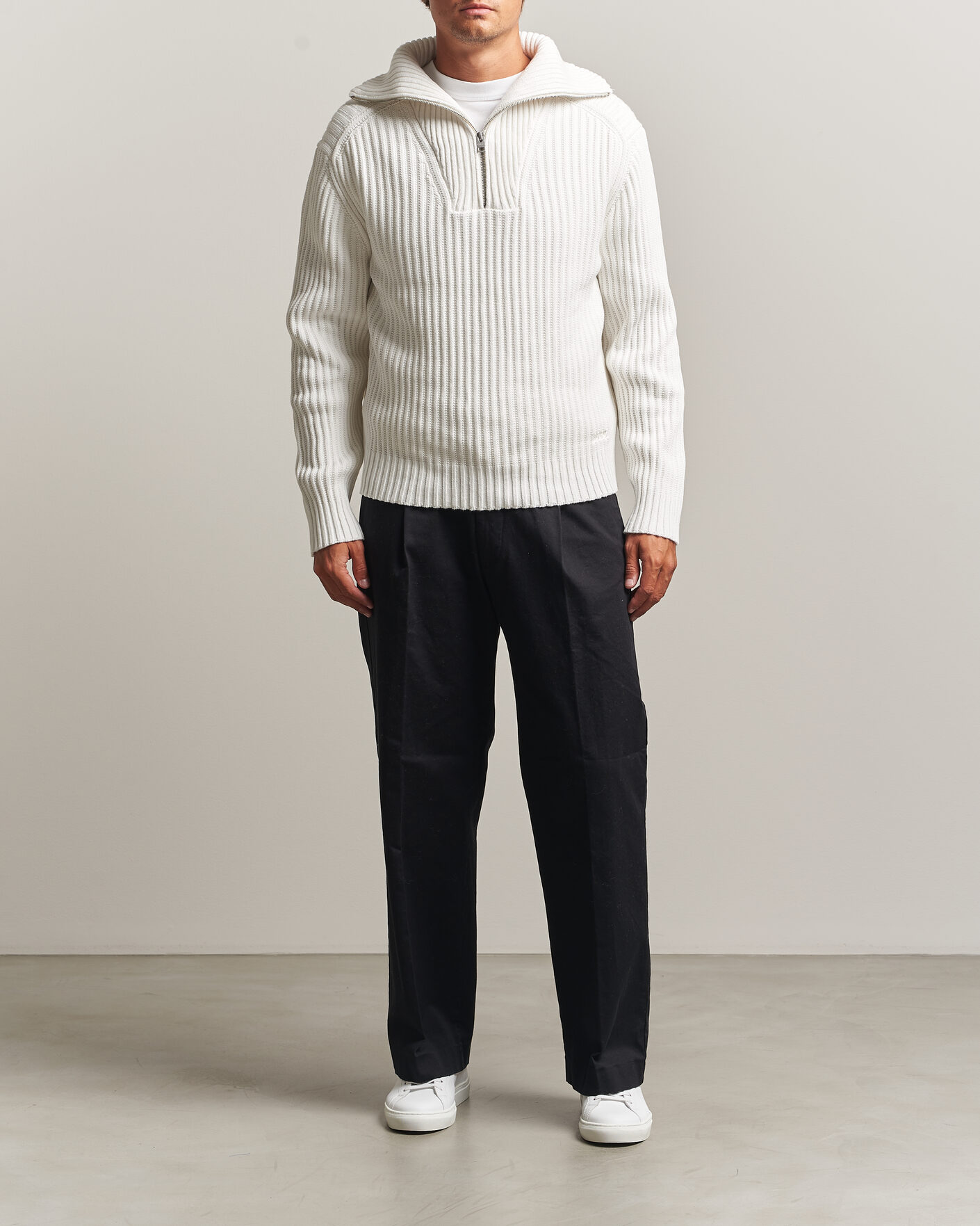 Herre | Trøjer | HUGO | Srtithon Cotton Knitted Half Zip Natural