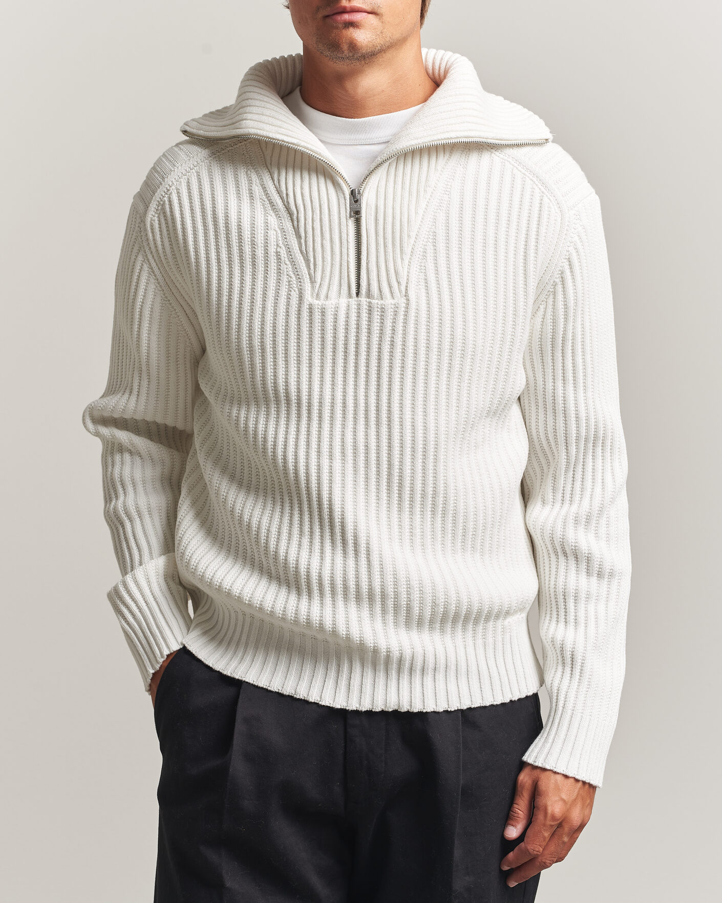 Herre | Trøjer | HUGO | Srtithon Cotton Knitted Half Zip Natural