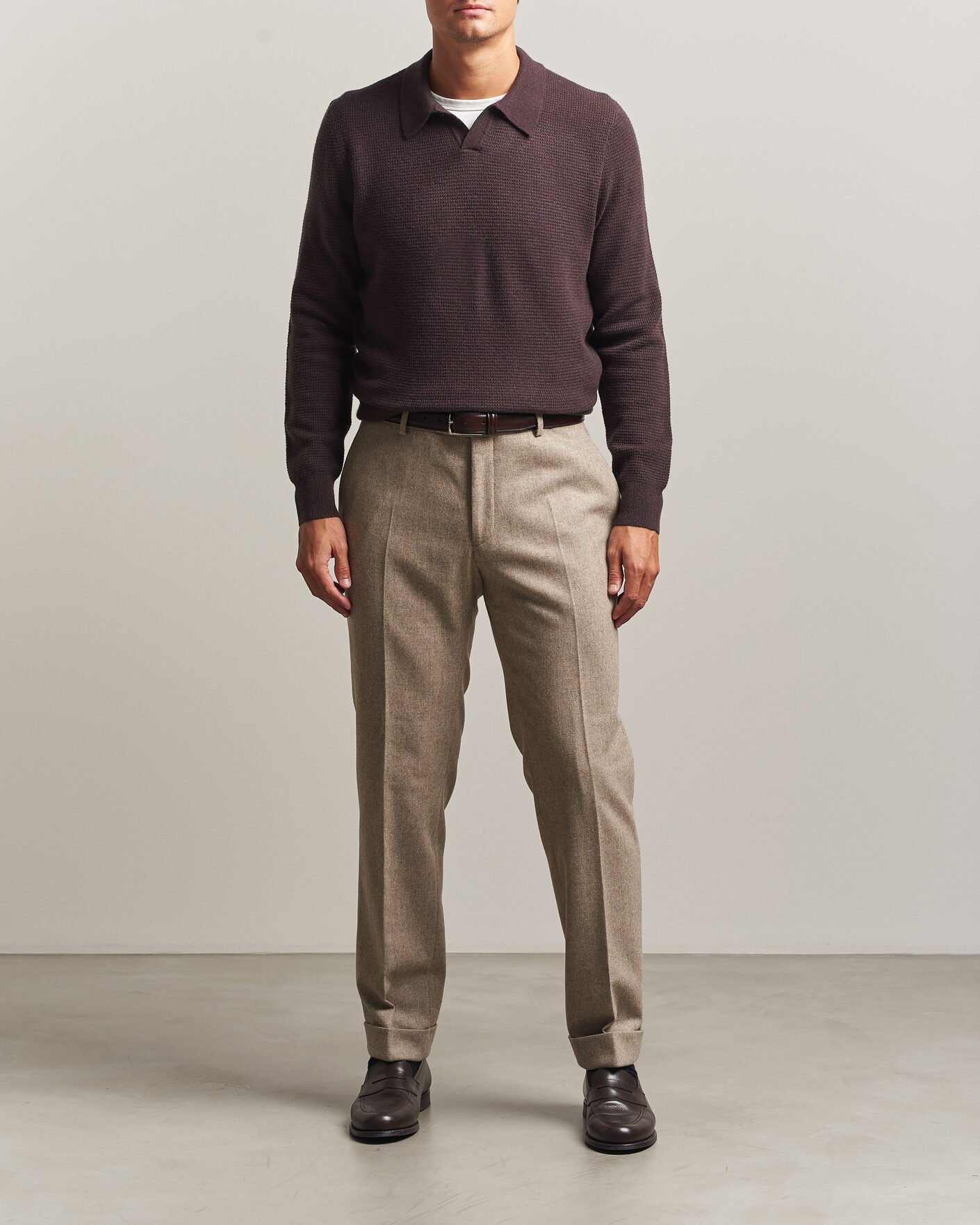 Herre | Trøjer | BOSS CAMEL | Filo Wool Knitted Polo Open Brown