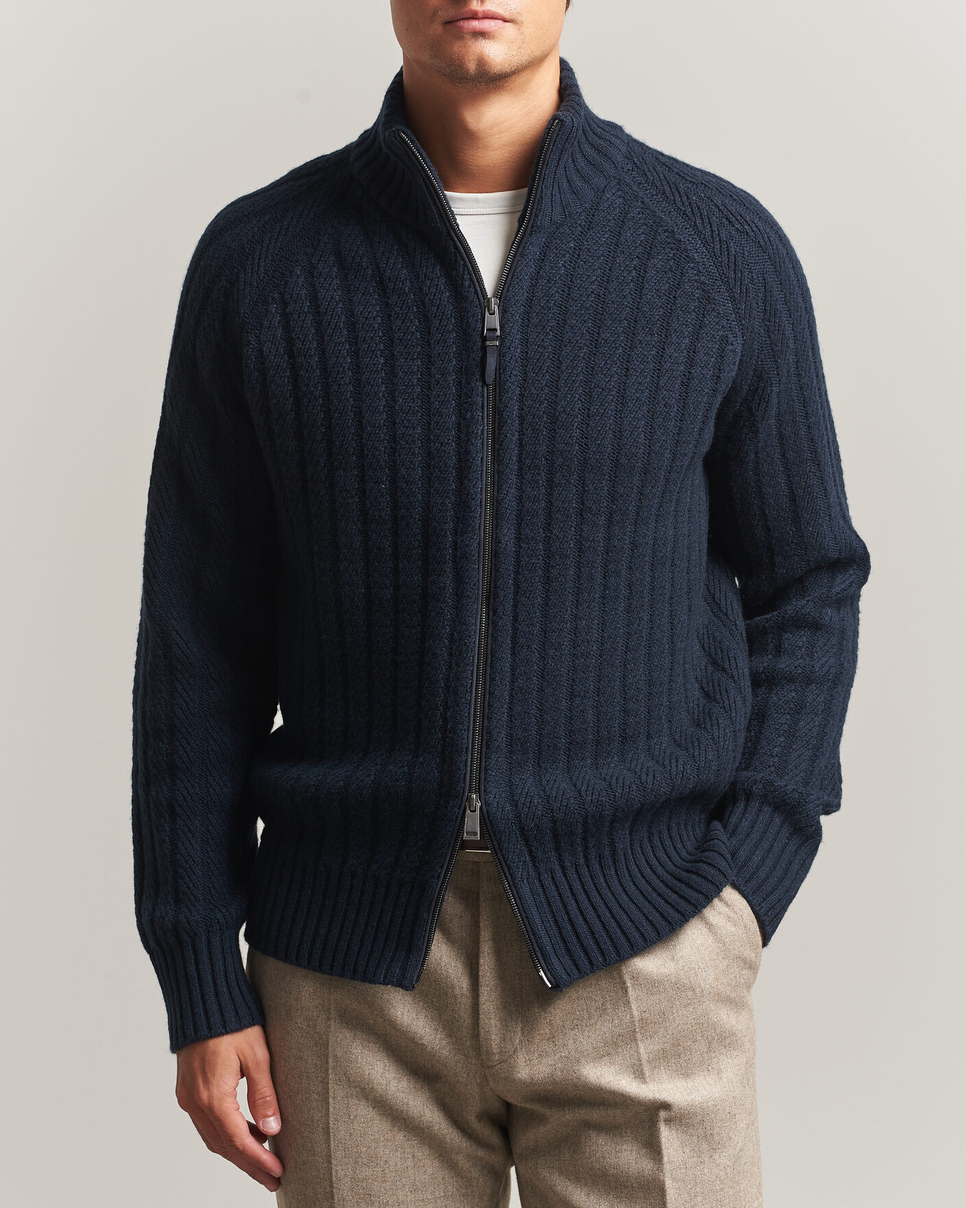 Herre | Trøjer | BOSS CAMEL | Filane Wool Knitted Full Zip Dark Blue