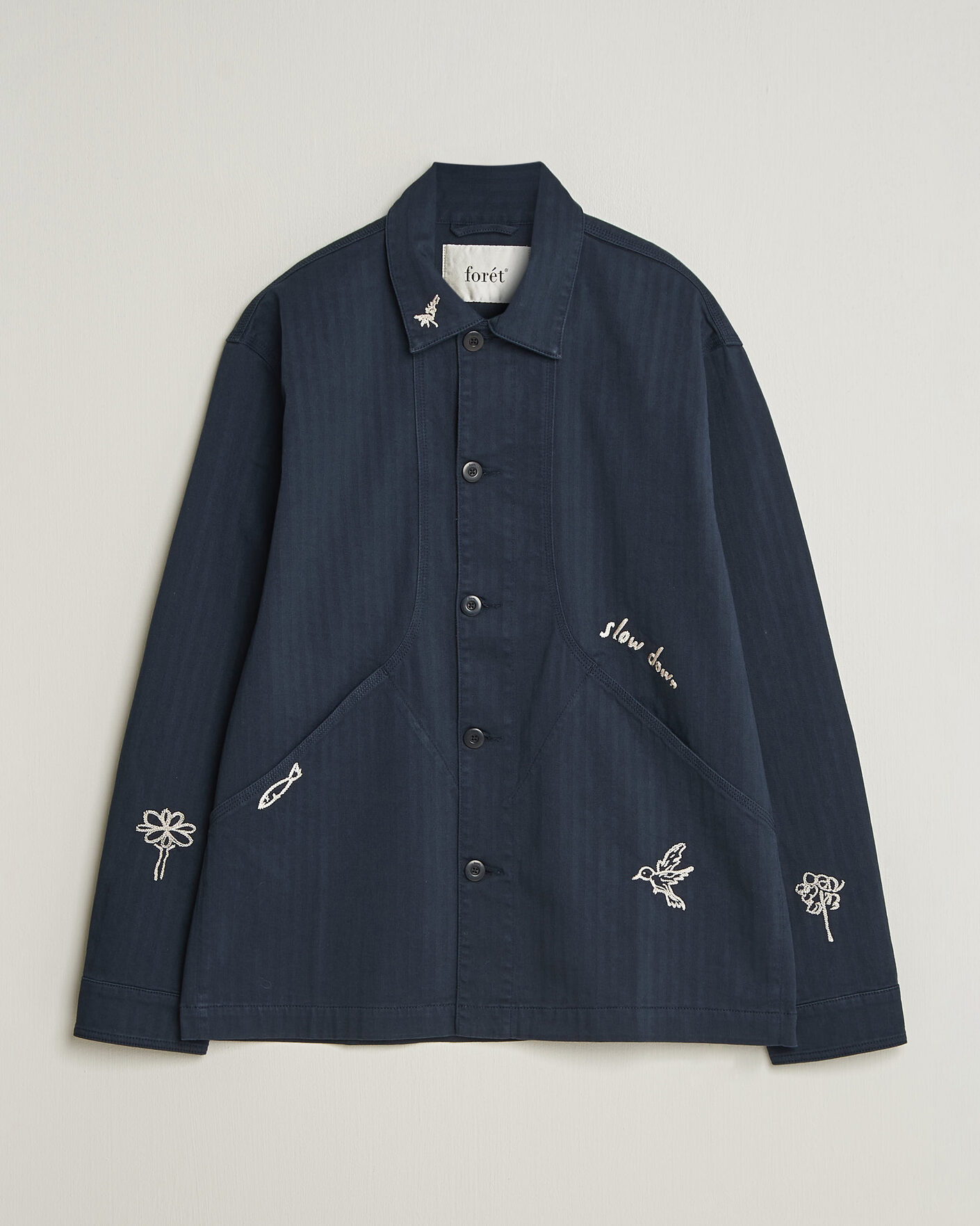 Herre | Skjorter | Forét | Berry Herringbone Embroidery Overshirt Navy