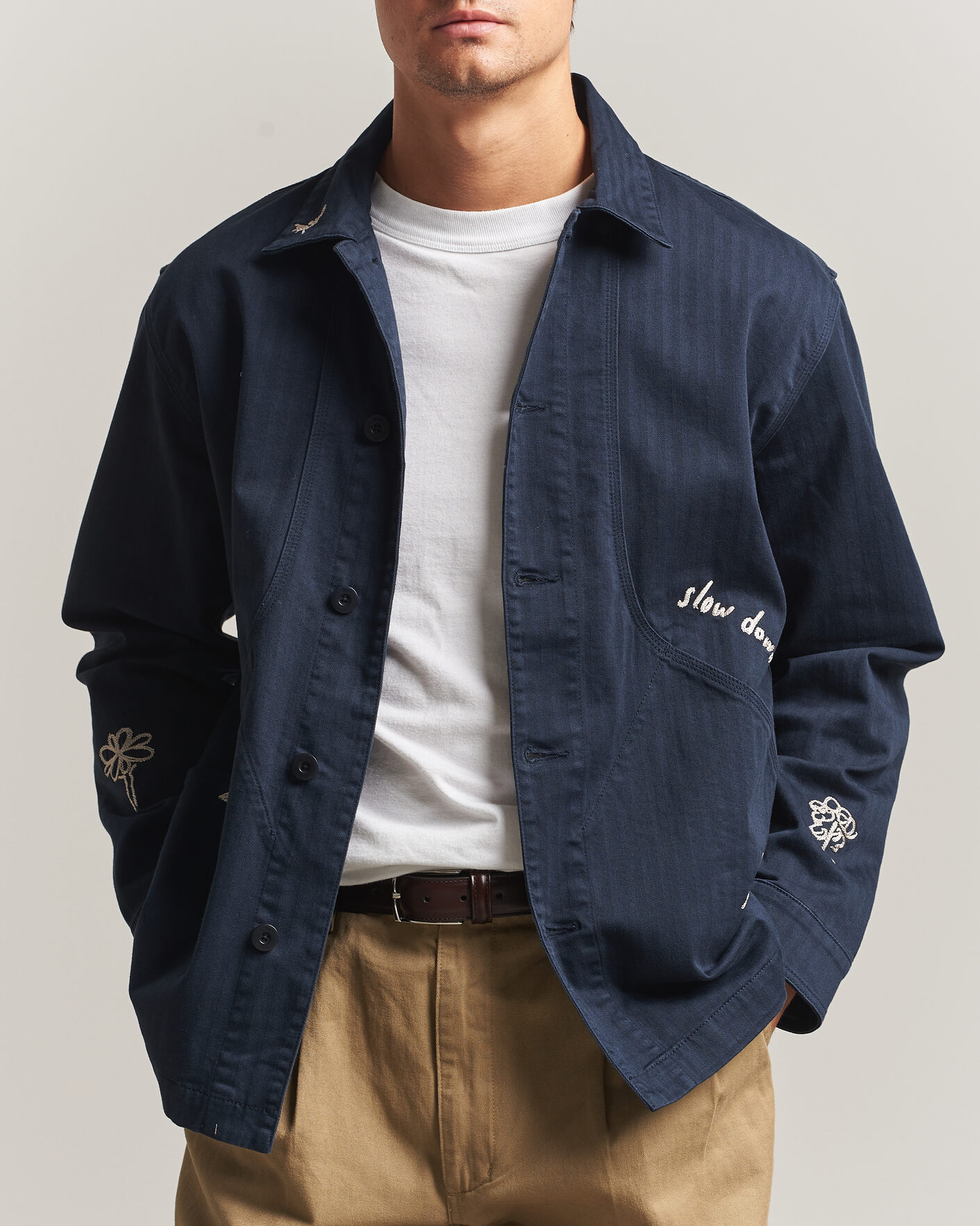 Herre | Skjorter | Forét | Berry Herringbone Embroidery Overshirt Navy