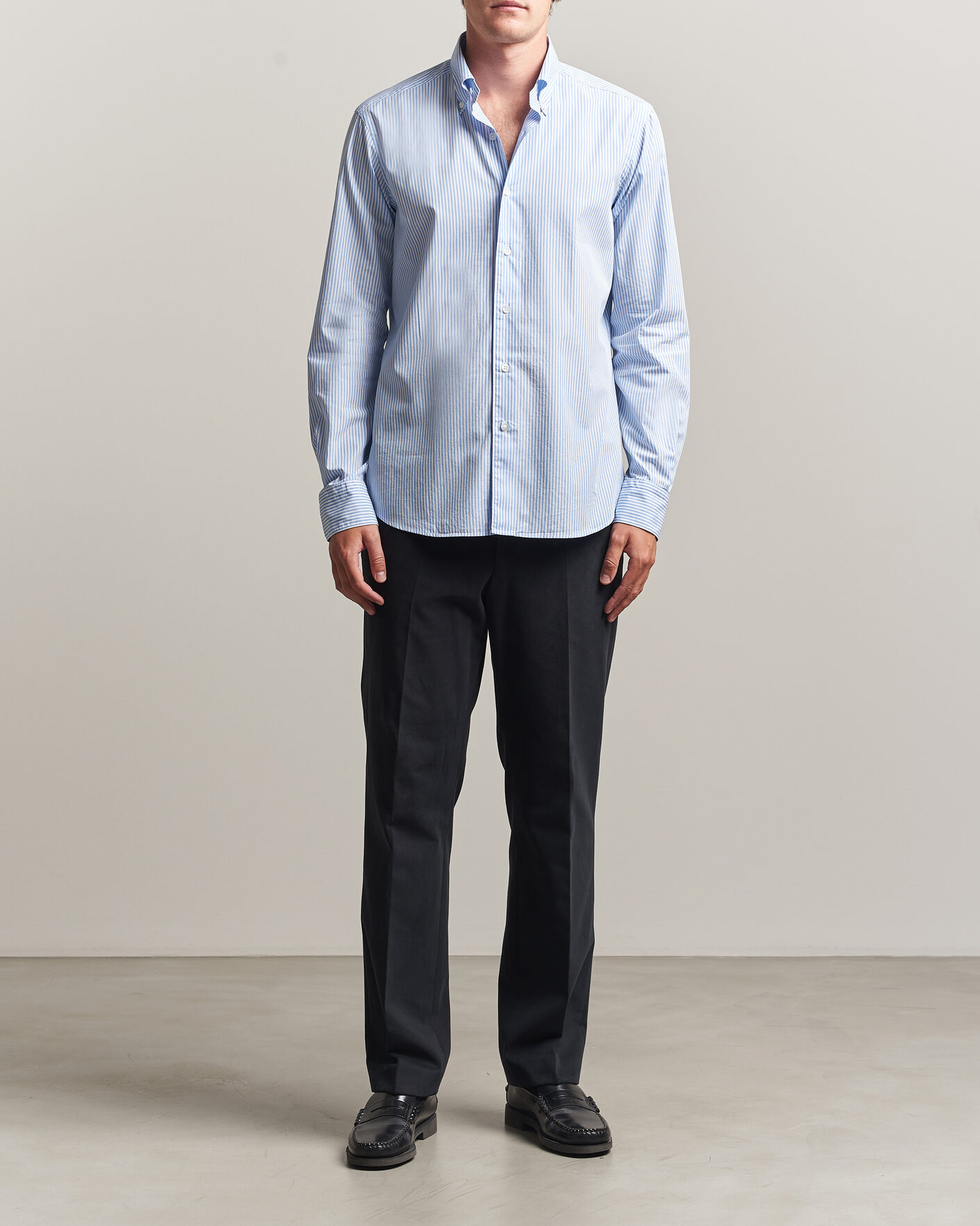 Herre | Skjorter | Grigio | Popeline Button Down Shirt Light Blue Stripe